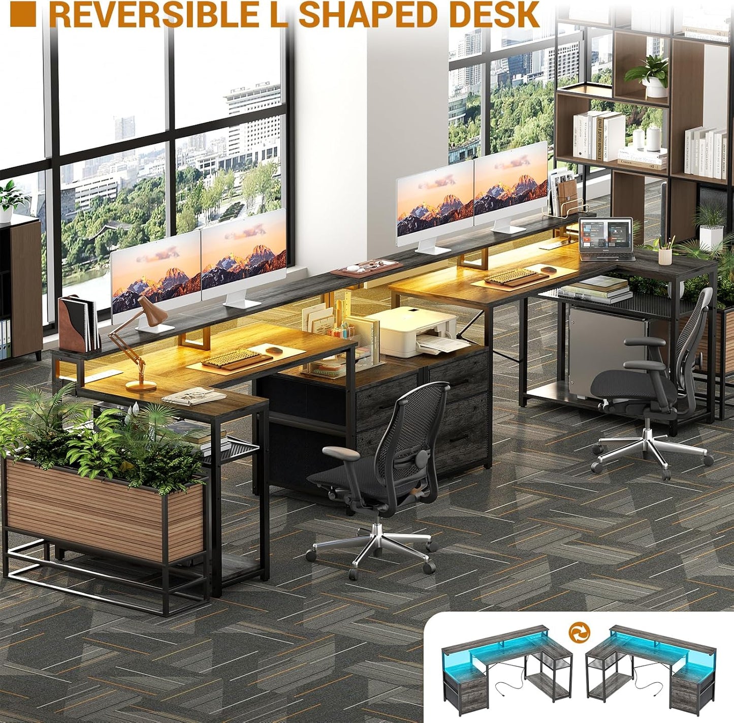 Aheaplus L Shaped Desk with File Drawer, Reversible L Shaped Computer Desk Gaming Desk with Power Outlet & LED Strip, Home Office Desk with Monitor Shelf, Corner Desk with Storage Shelves, Grey Oak