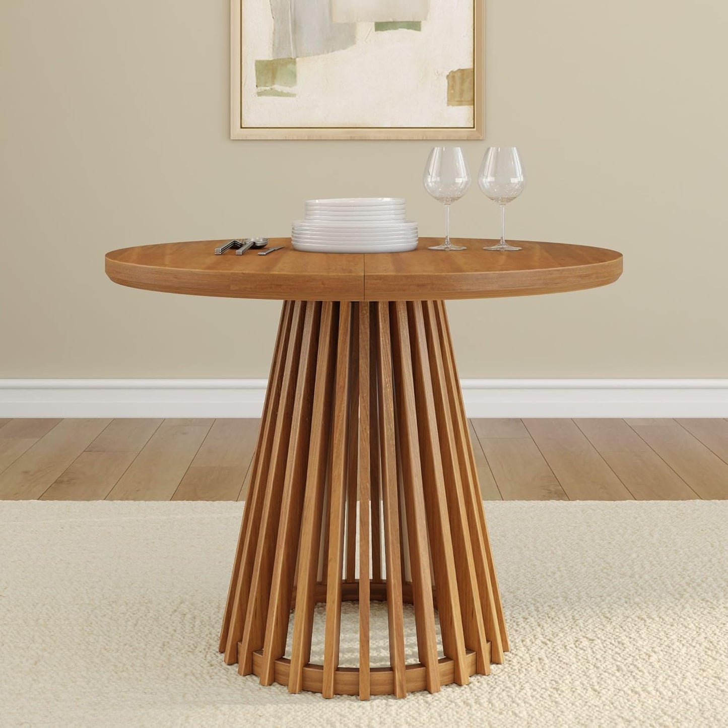 Plank+Beam Lido Round Dining Table, 38", Wooden, Pedestal, Minimalist Kitchen Table for 4 for Dining Room, Pecan