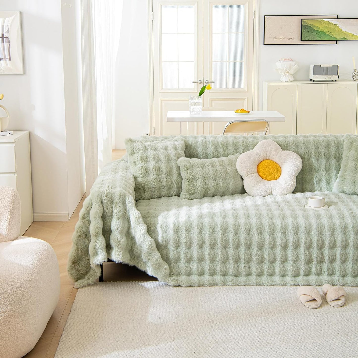 VM VOUGEMARKET Thick Faux Rabbit Fur Couch Cover 1-Piece Non-Slip Warm Soft Cozy Sofa Covers,Fluffy Plush Sofa Slipcover Furniture Protector for Kids,Pets(Green,71" x 118")