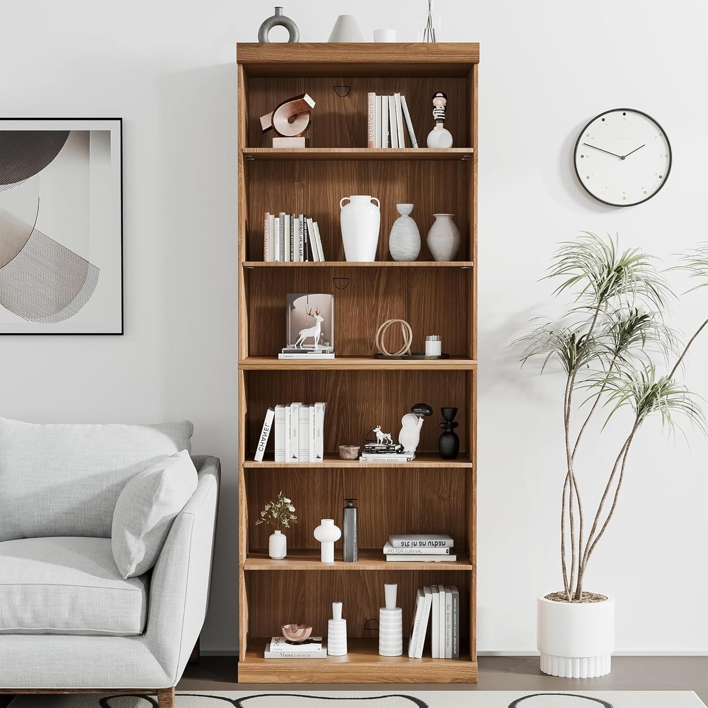 82" Wooden Book Shelf, 5 Shelf Bookcase, Modern Bookshelf with Adjustable Shelf for Home Office, Study Room, Oak