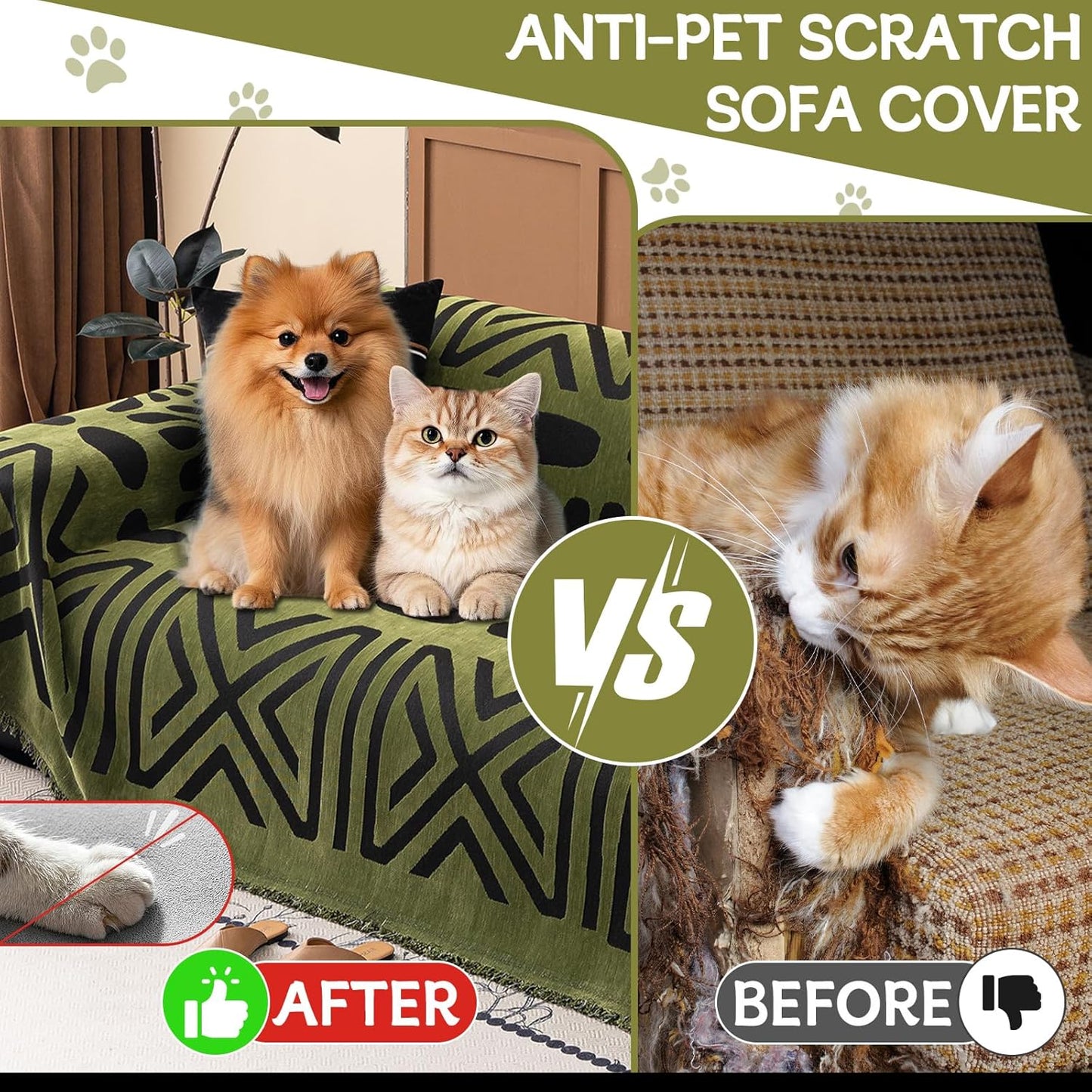 HANDONTIME Boho Couch Cover Geometric Striped Pet Covers for Couches and Sofas Olive Green and Black Dog Cover for Couch Pet Friendly Chenille Sectional Sofa Covers for Pets Washable, 71" X 150"