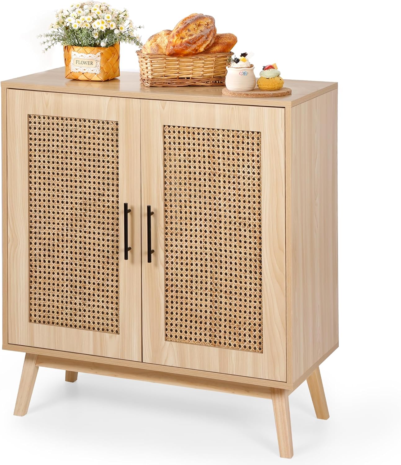 Rengue Sideboard Buffet Cabinet with Rattan Decorated Doors - Accent Cabinet Cupboard Console Table for Hallway, Entry, Living Room, Natural