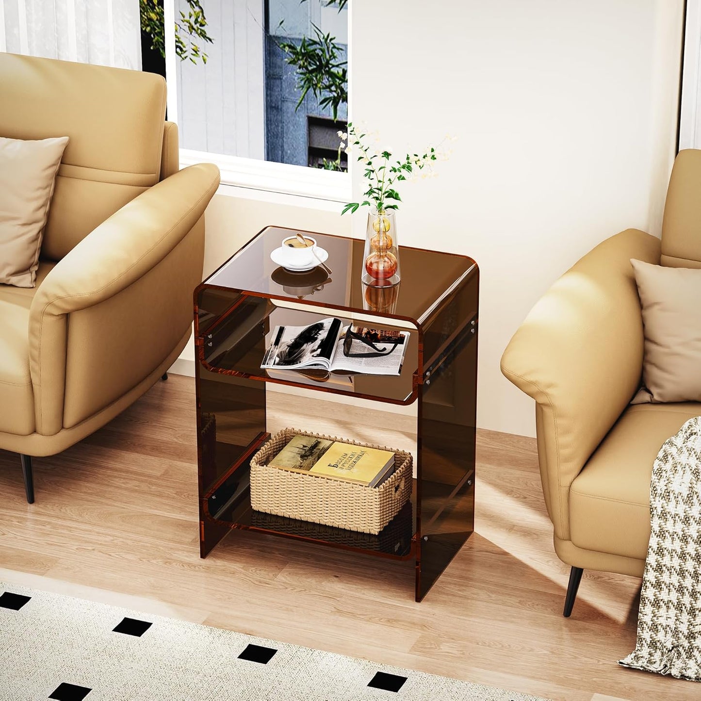 Acrylic Record Player Table with Storage Shelf, Clear Side Table Nightstand (Dark Brown)