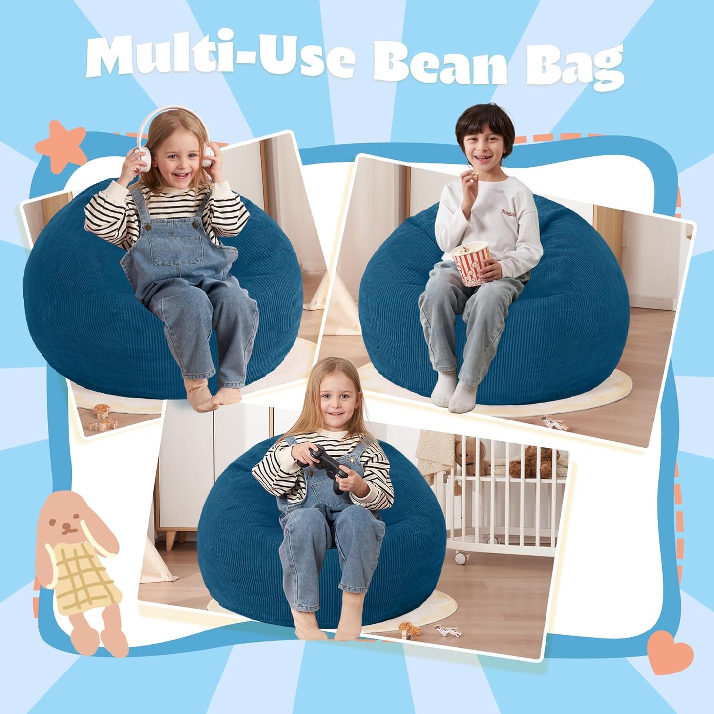 HABUTWAY 2 FT Bean Bag Chair,Giant Bean Bag Chairs,Big Bean Bags with Memory Foam Filled, Large Beanbag Chairs with Soft Corduroy Cover-Dark Blue