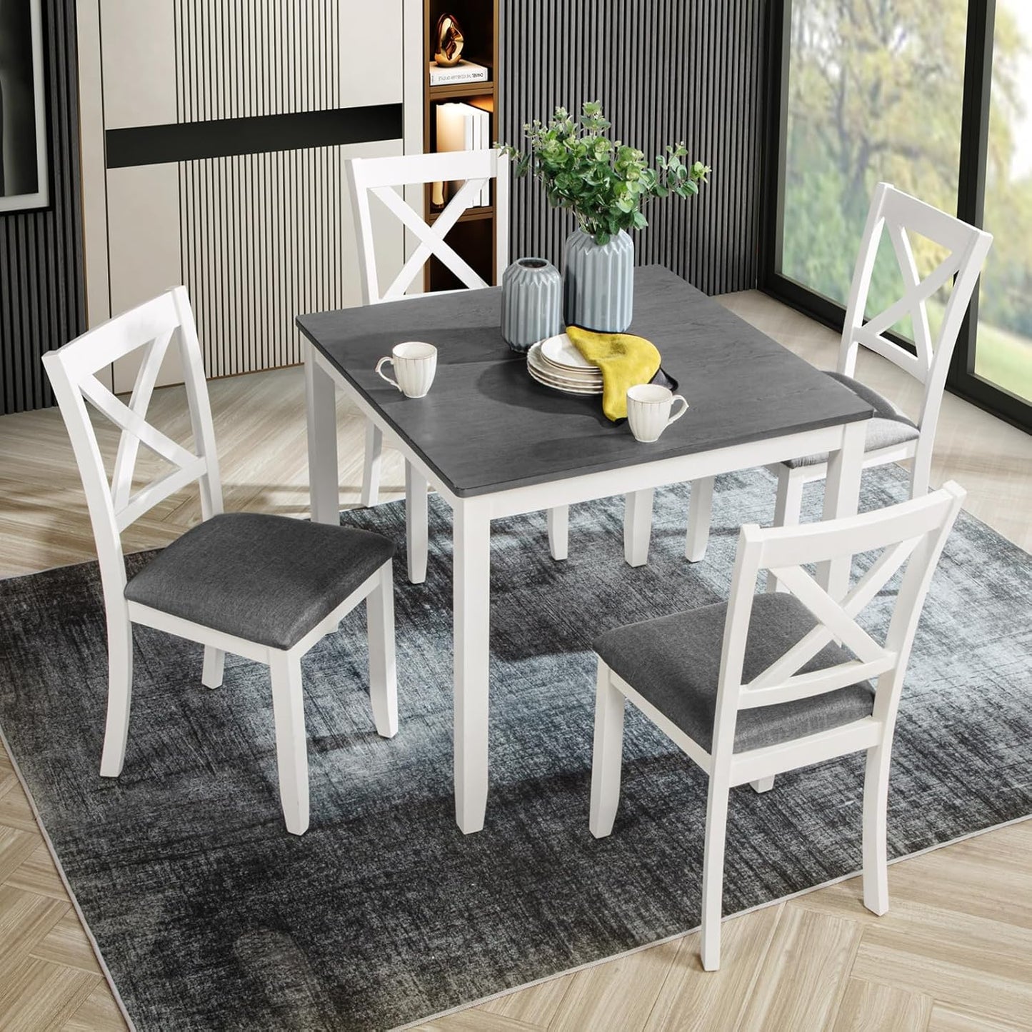 Ball & Cast 5 Piece Dining Table Set with 4 X-Back Chairs,Wooden Living Room Furniture W/ 34.5" Square Kitchen Desk,Easy Assemble & Clean,for Small Space,Apartment,Dining Room,White+Gray