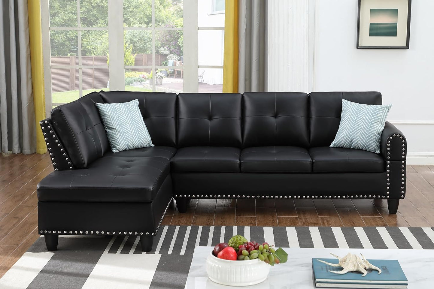Ball & Cast 98" L Shaped Sectional Couch for Living Room with Chaise & Coffee Table,4 Seat Faux Leather Upholstered Modular Sectional Sofa Set 2 PCS W/Cup Holders & Nailhead Trim,for Home,Office,Black