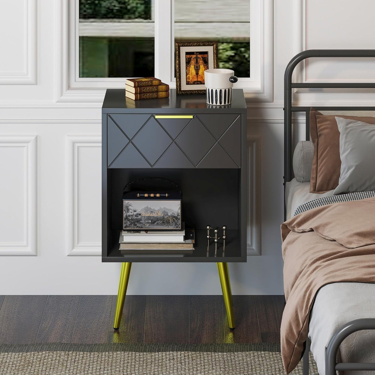 Black Nightstand, Bedside Table with Storage Drawer and Open Wood Shelf, Side Table with Gold Legs, Modern Style Night Stand End Table Drawer Dresser for Living Room Bedroom MLBZ19B