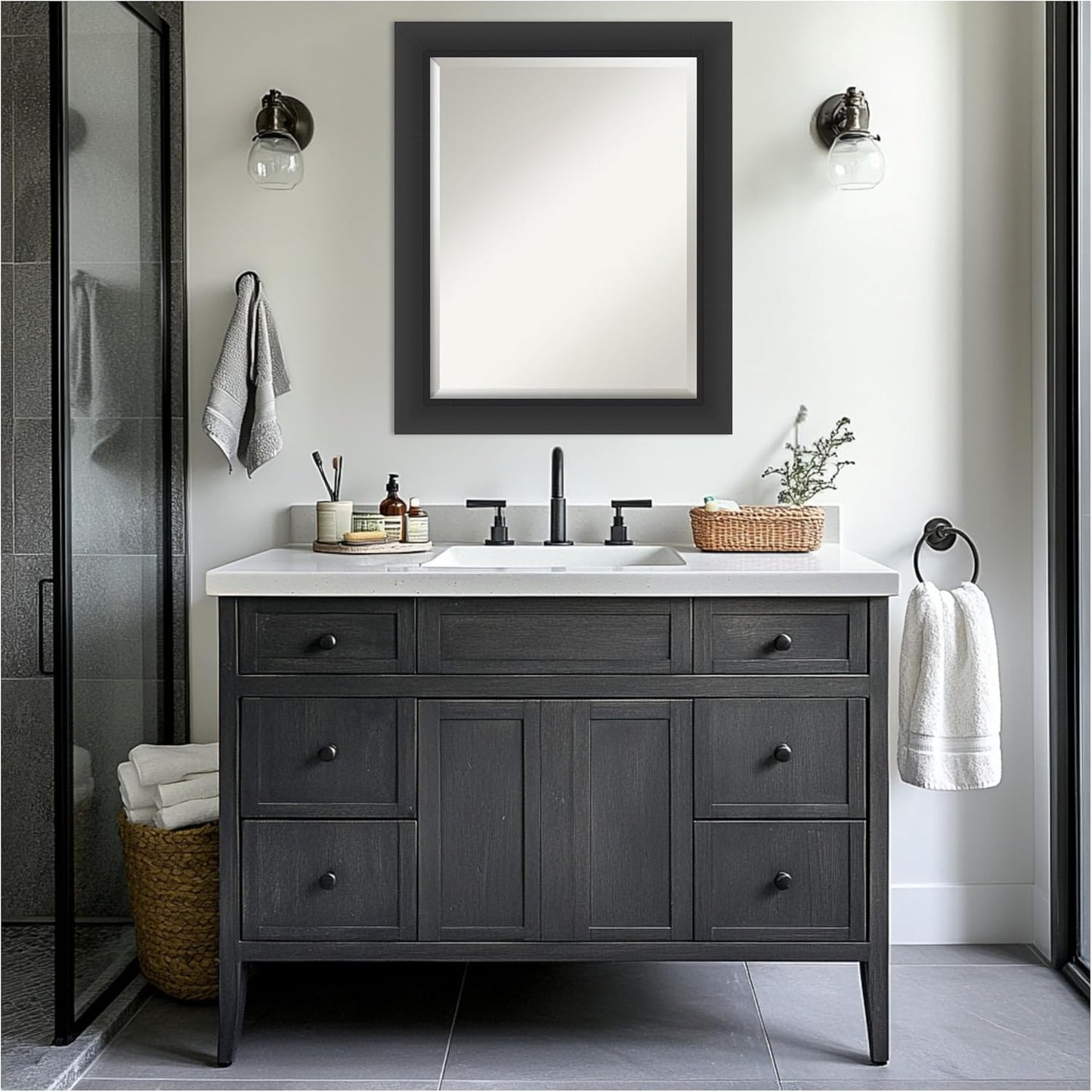 Amanti Art Black Bathroom Mirror for Over Sink, 28x34 Sloped Black Rectangle Vanity Mirror, Large Modern Contemporary Frame, Hangs Horizonally and Vertically, Bathroom Wall Decor, Beveled Edge