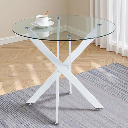 Dining Table for 4 Modern Round Dining Table 35.43" Kitchen & Dining Room Tables with Metal Legs and Glass Tabletop for Dining Room and Apartment, White