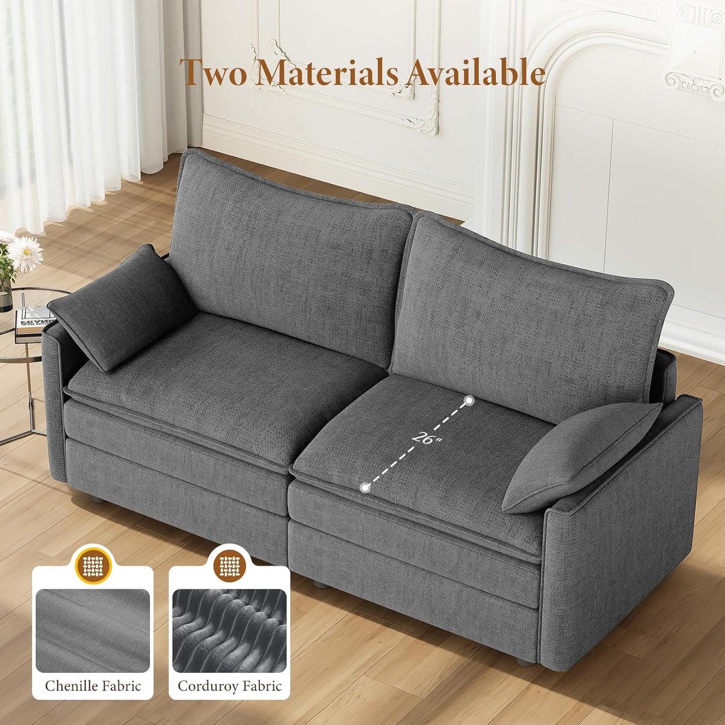 Vesgantti 74" Loveseat Sofa for Living Room, Comfy Cloud Couch Deep Seat Chenille Modern 2 Seater Small Sofa with Armrest Pillow, Easy Assembly for Small Spaces, Gray