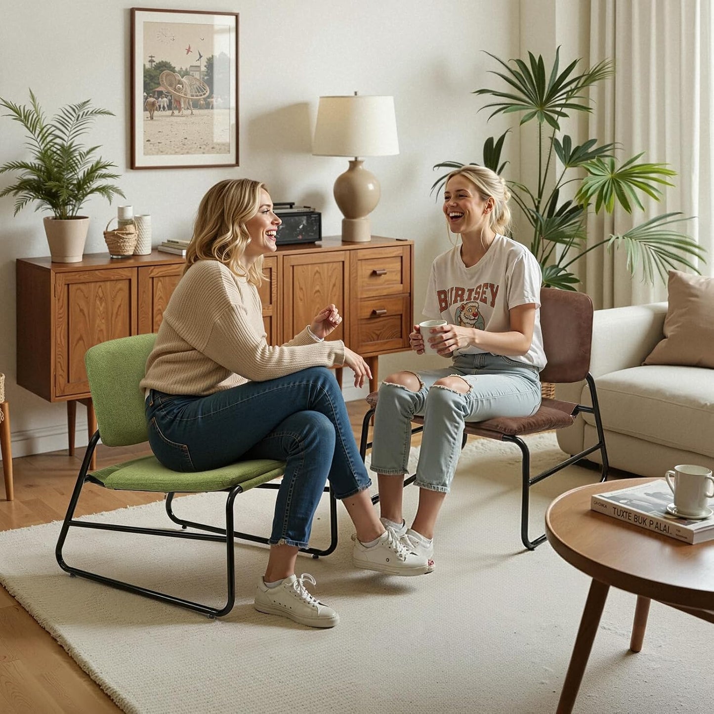 Modern Accent Chair Comfy Living Room Chair Armless Sling Accent Chairs Upholstered Side Sitting Chairs with Metal Frame for Office Reception Reading Bedroom Waiting Room, Brown