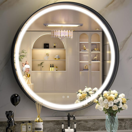 Hasipu 32 Round LED Mirror for Bathroom with Lights, Black Circle Vanity Mirror for Wall, Metal Framed Frontlit Bathroom Mirrors Anti-Fog, Dimmable, 3 Colors Makeup Mirror Wall Mounted