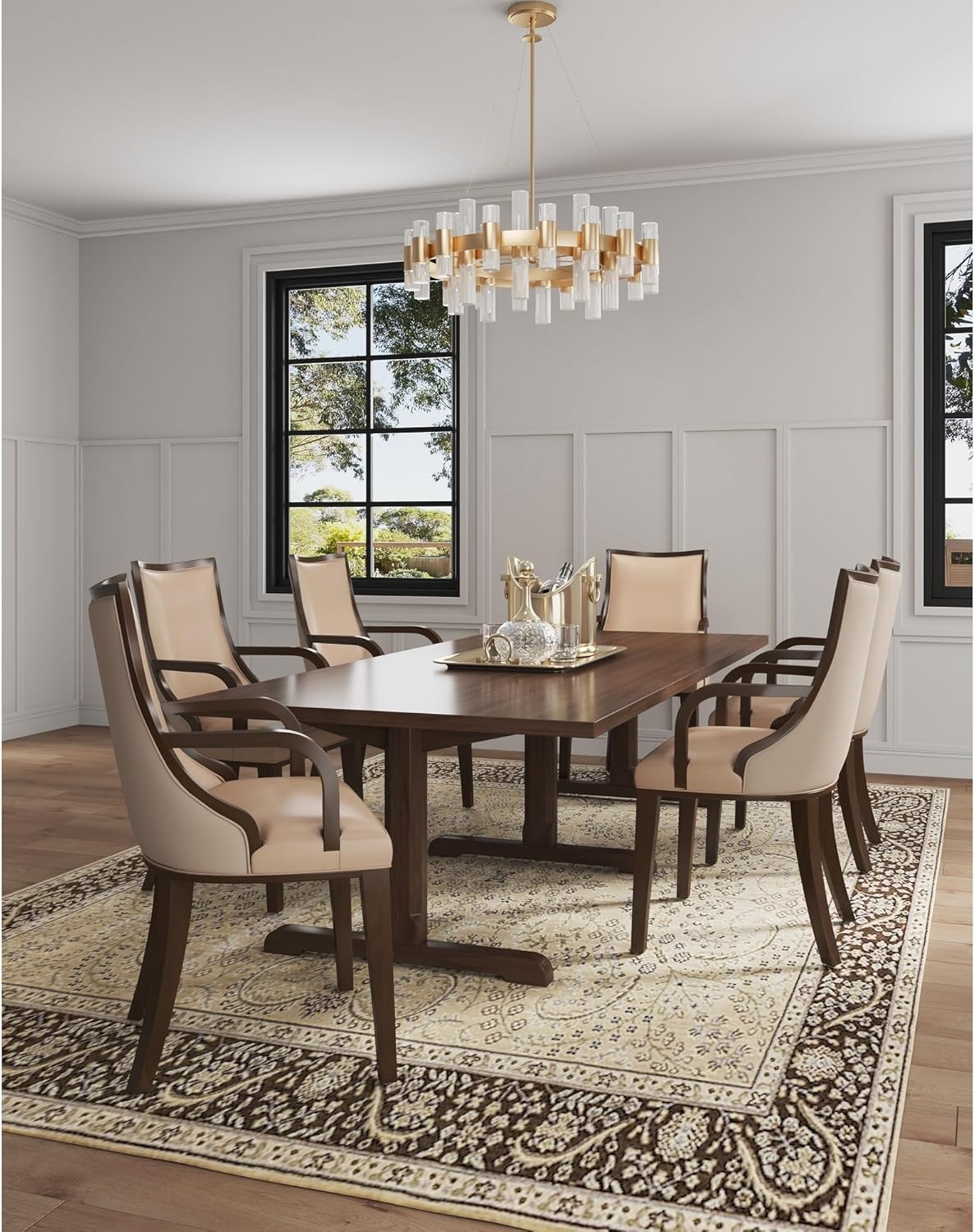 Manhattan Comfort Grand Faux Leather Dining Chairs with Arms, Padded Wingback Seat, Fine Rectangular Stitching and Solid Wood Frame, Set of 2, Tan