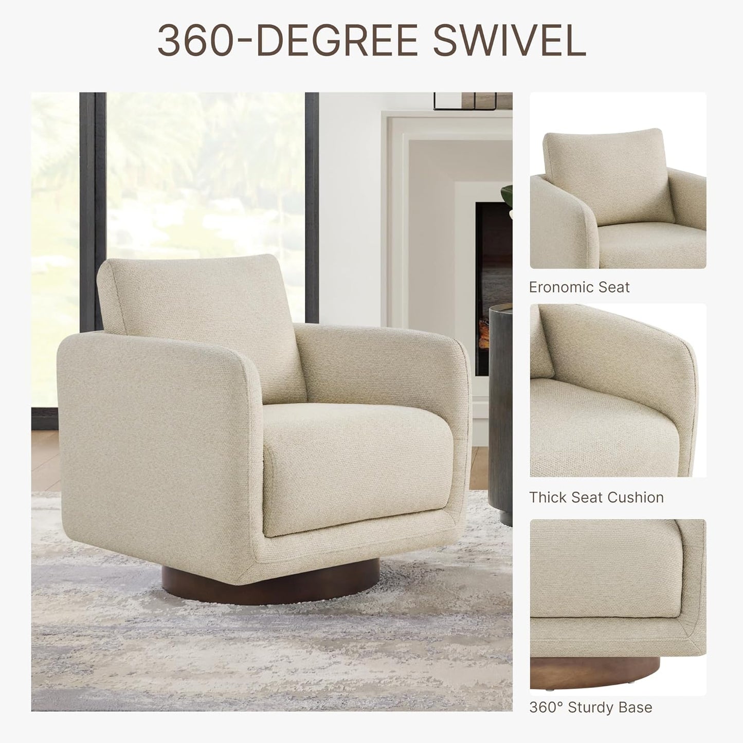 Modern Swivel Accent Chair, 360° Rotating Round Barrel Armchair with Performance Fabric Upholstery for Living Room, Bedroom, Office, Reading Nook, Set of 2,Oatmeal