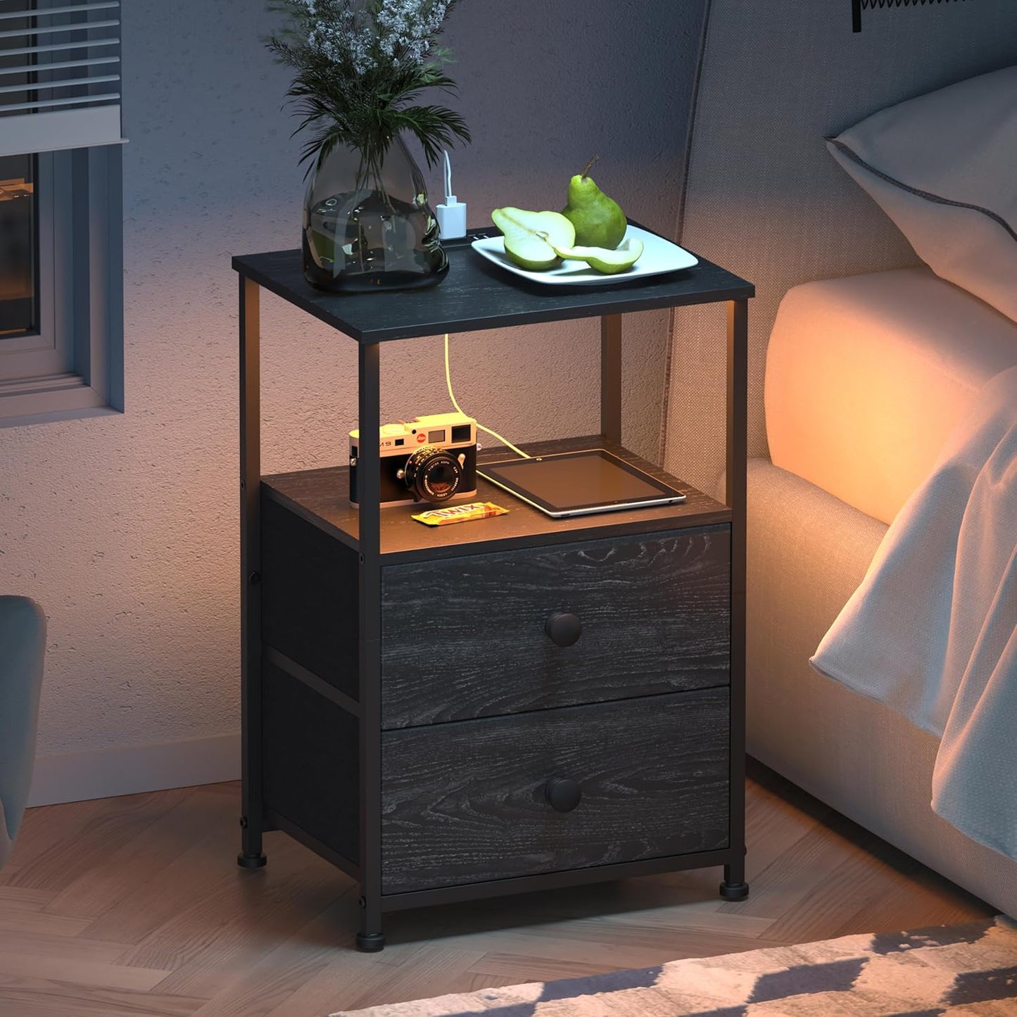Tohomeor End Table with Charging Station, LED Light, Fabric Drawers, and USB Ports - Charcoal