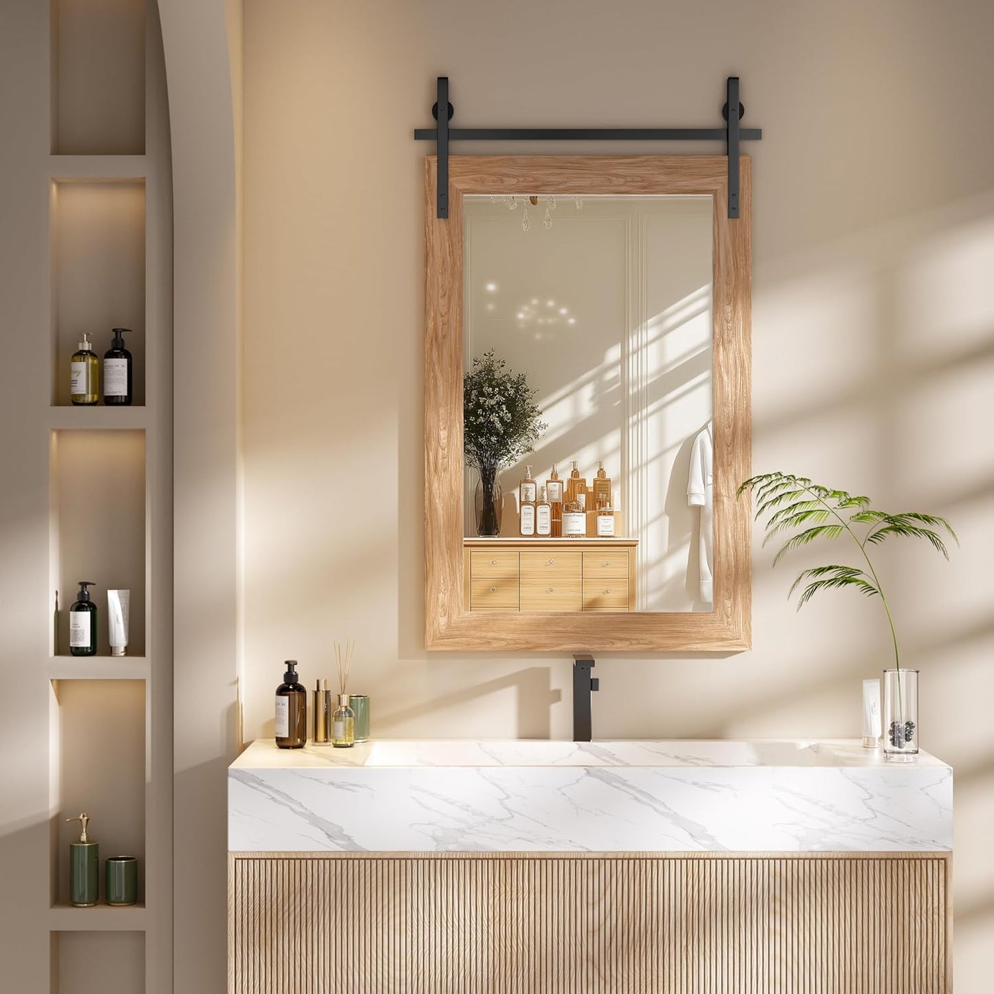 Hasipu Farmhouse Bathroom Mirror, 24"x36" Rustic Wood Framed Wall Mounted Mirror, Brown Vintage Vanity Mirror Barn Door Style Decrative Mirrors