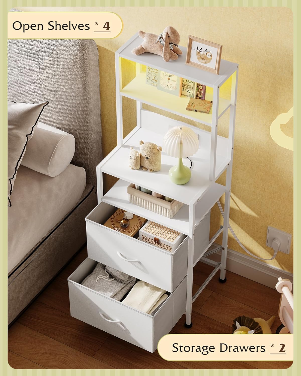 WLIVE Nightstand Set of 2 with Charging Station, LED Night Stands with 2 Fabric Drawers and 4 Storage Open Shelves, Bedside Table Sets for Bedroom, White