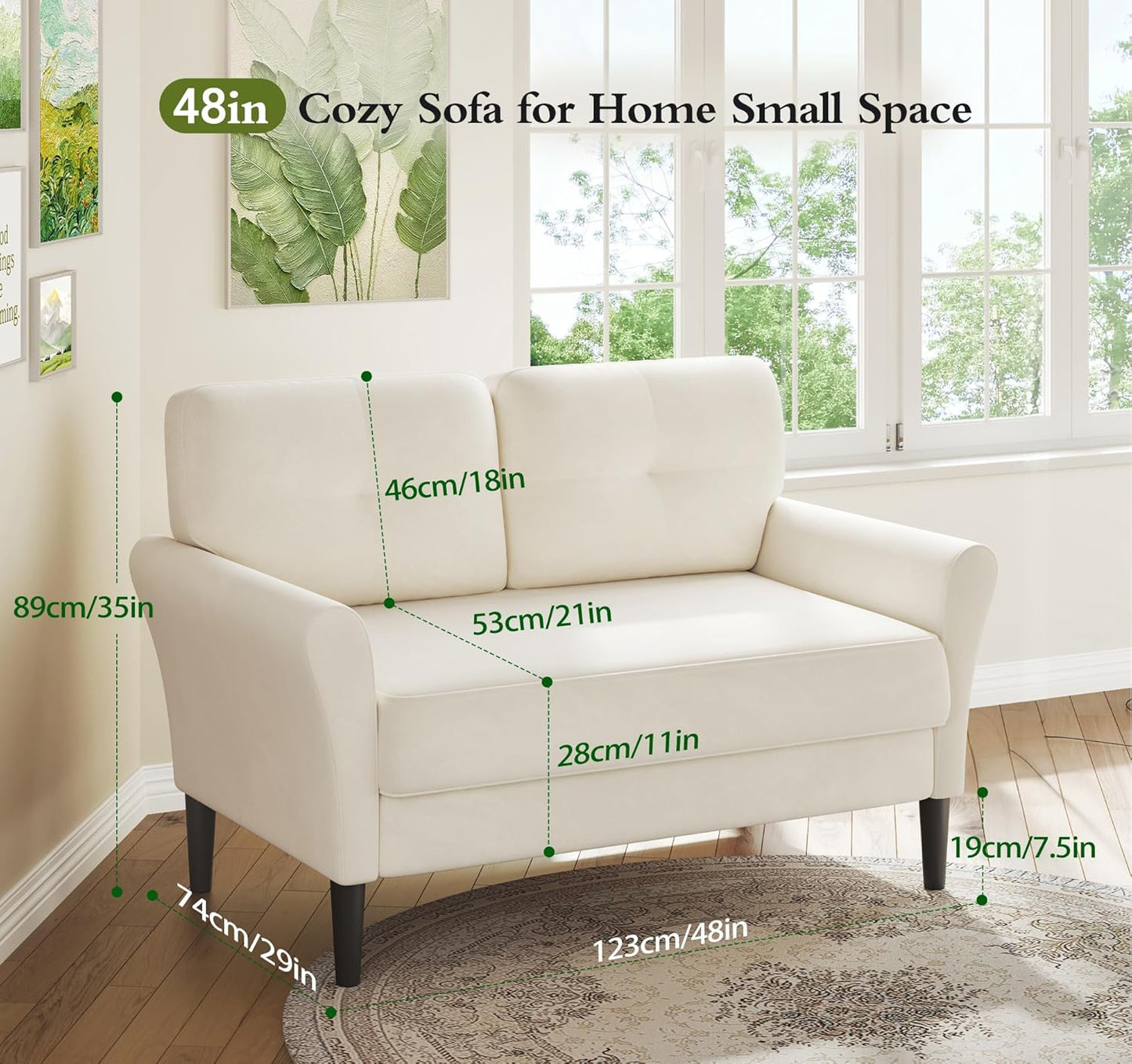 Small Sofa Couch, 48" Loveseat Sofa, Soft Velvet Love Seat Couches, Small Couch for Bedroom with 21" Deep Seat, Comfy Couches for Living Room, Tool-Free Setup Sofas for Living Room, White