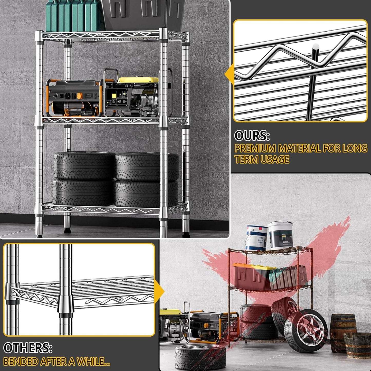 750 lbs 3 Tier Shelf Metal Storage Shelves Shelving Wire Rack Heavy Duty Closet Organizers for Garage Kitchen Bathroom Laundry Chrome 13.8" D x 23.6" W x 35.5" H