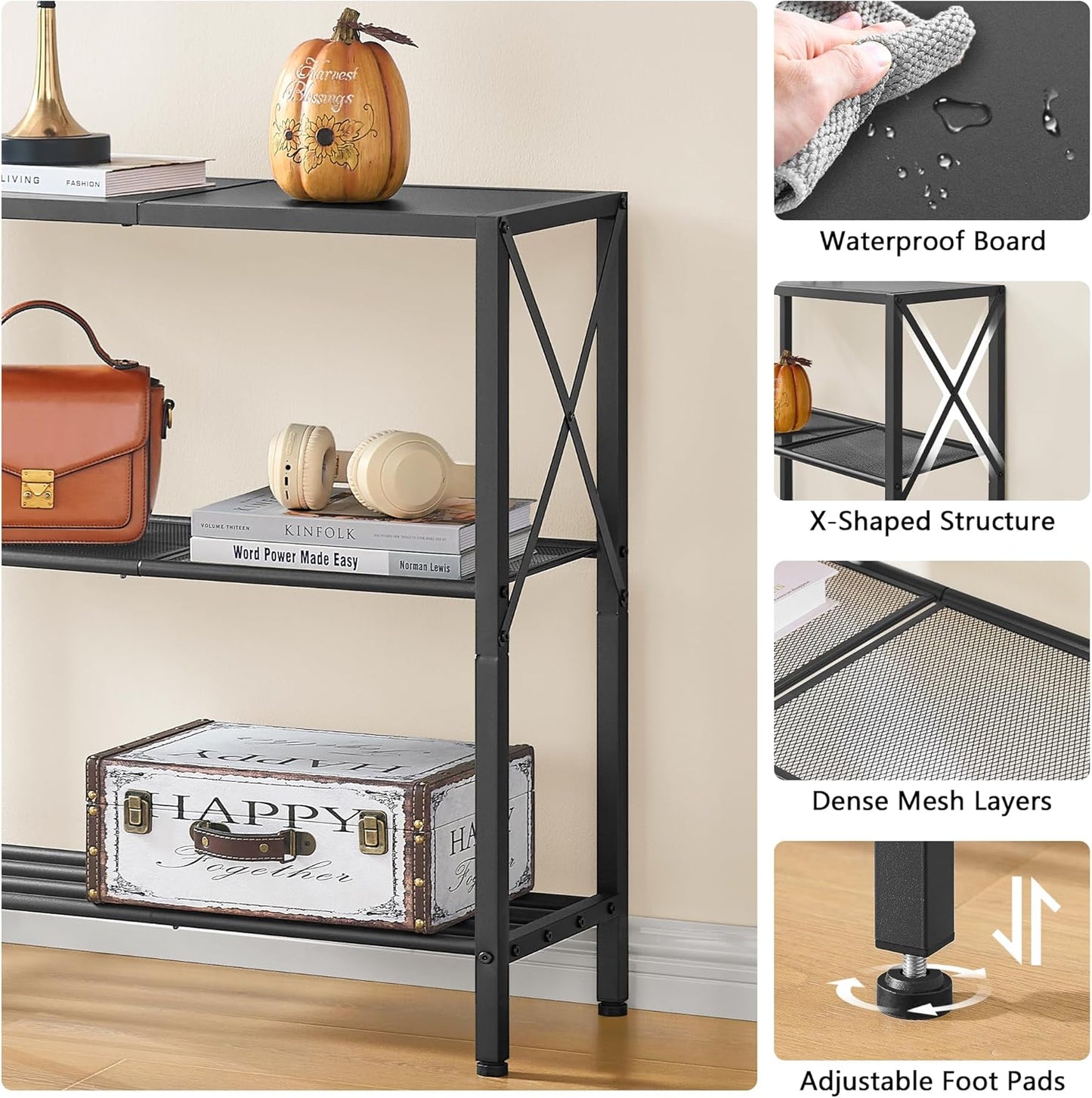 Hoctieon Industrial Console Table, 3-Tier Entryway Table, Metal Frame, Sofa Tables with Shelf, Hallway Desk, Entrance Desk for Entryway, Living Room, Foyer, Hallway, Black