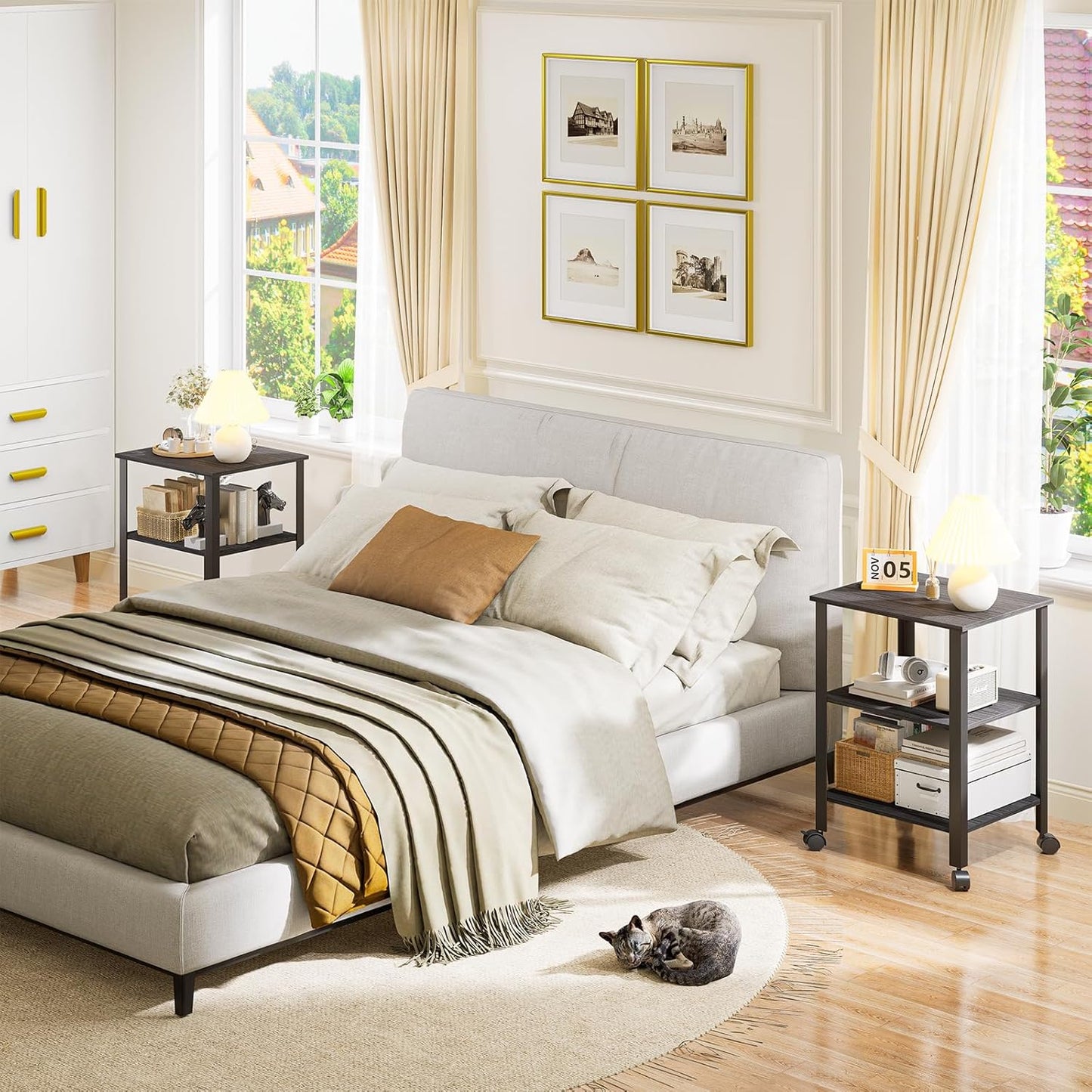 Side Table, End Table with Wheels, Printer Stand with 3-Tier Storage, Bedside Table, Bedroom, Office, Kitchen, Metal Frame, Easy Assembly -Grey