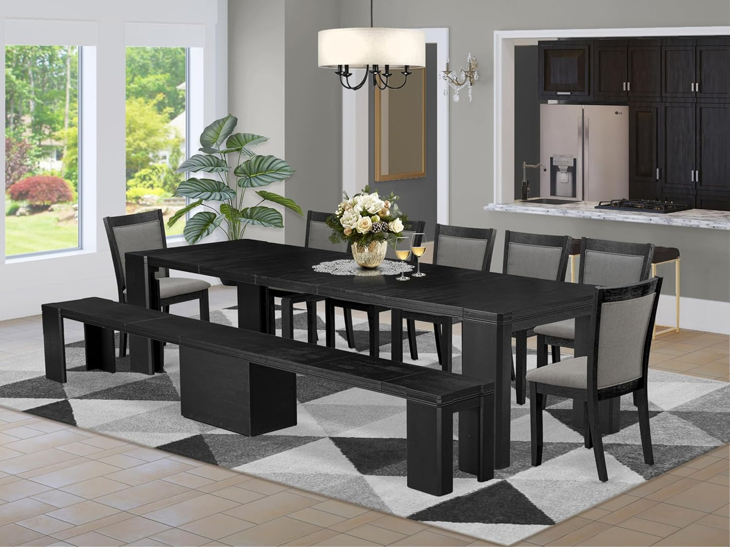 X07MZ-B06-50 - 9-Pc Dining Table Set a Rectangular Dining Table and a wooden Bench and 7 Dark Gotham Grey Linen Fabric Kitchen Chair, 39x120 Inch, Wire Brushed Black