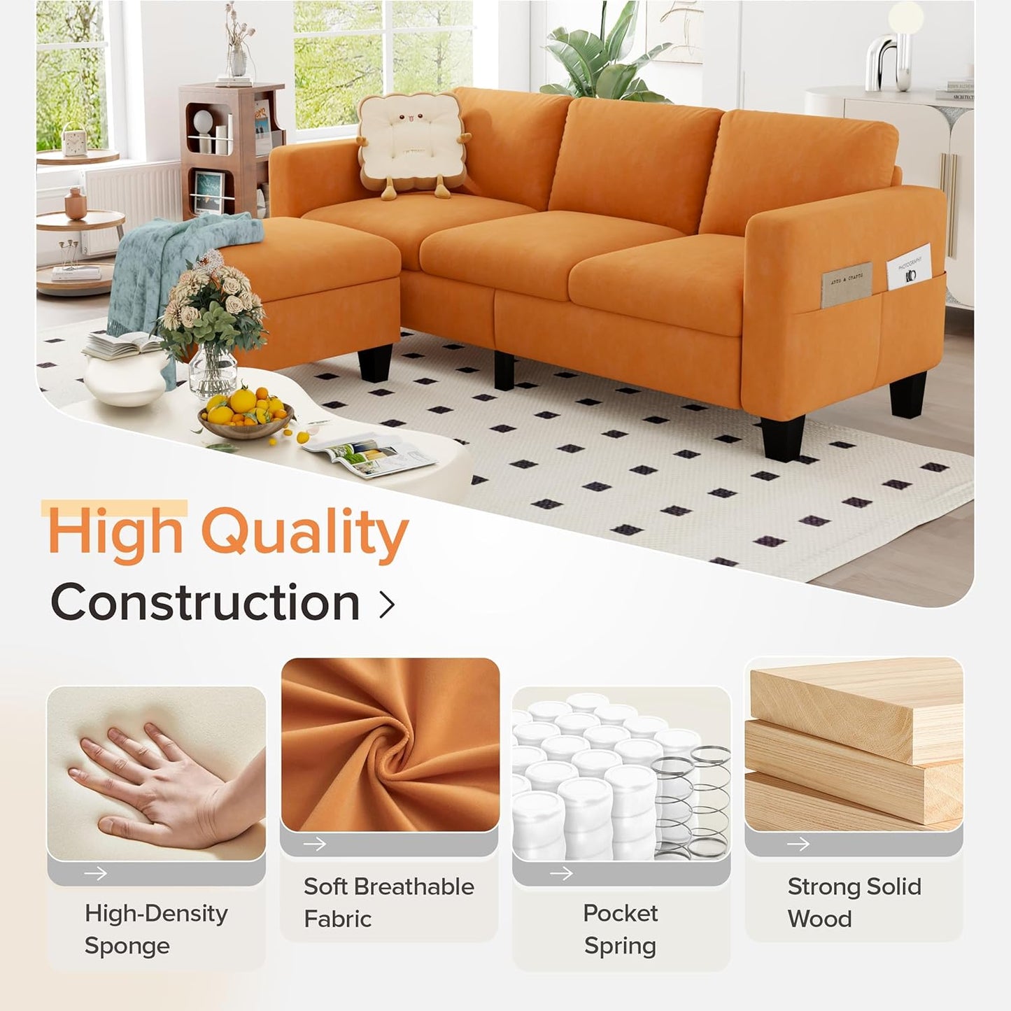 ZeeFu Convertible Sectional Sofa Couch,Classic 3 Seat L-Shaped Sofa Set with Movable Ottoman, Modern Orange Velvet Upholstered Small Sectional Sofa Couch for Small Space Apartment Living Room Office