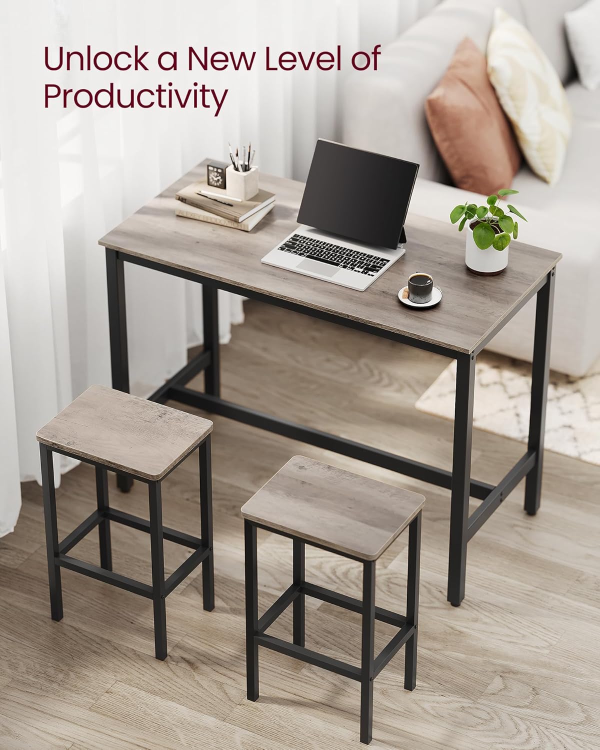 VASAGLE Bar Table Set, Bar Table with 2 Bar Stools, Dining table set, Kitchen Counter with Bar Chairs, Industrial for Kitchen, Living Room, Party Room, Greige and Black ULBT015B02