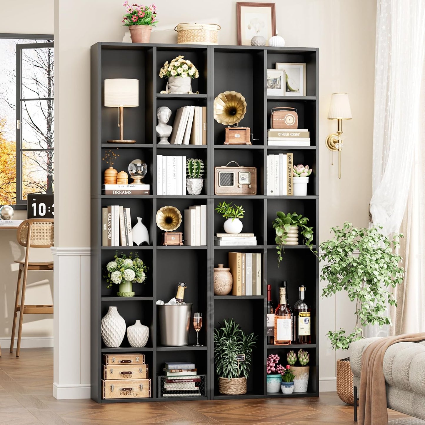 FOTOSOK 71'' Tall Bookshelf, Double Wide Media Tower Rack CD DVD Rack Display Cabinet with Adjustable Shelves, Tall Narrow Bookcase Black Bookshelf for Home Office, Black