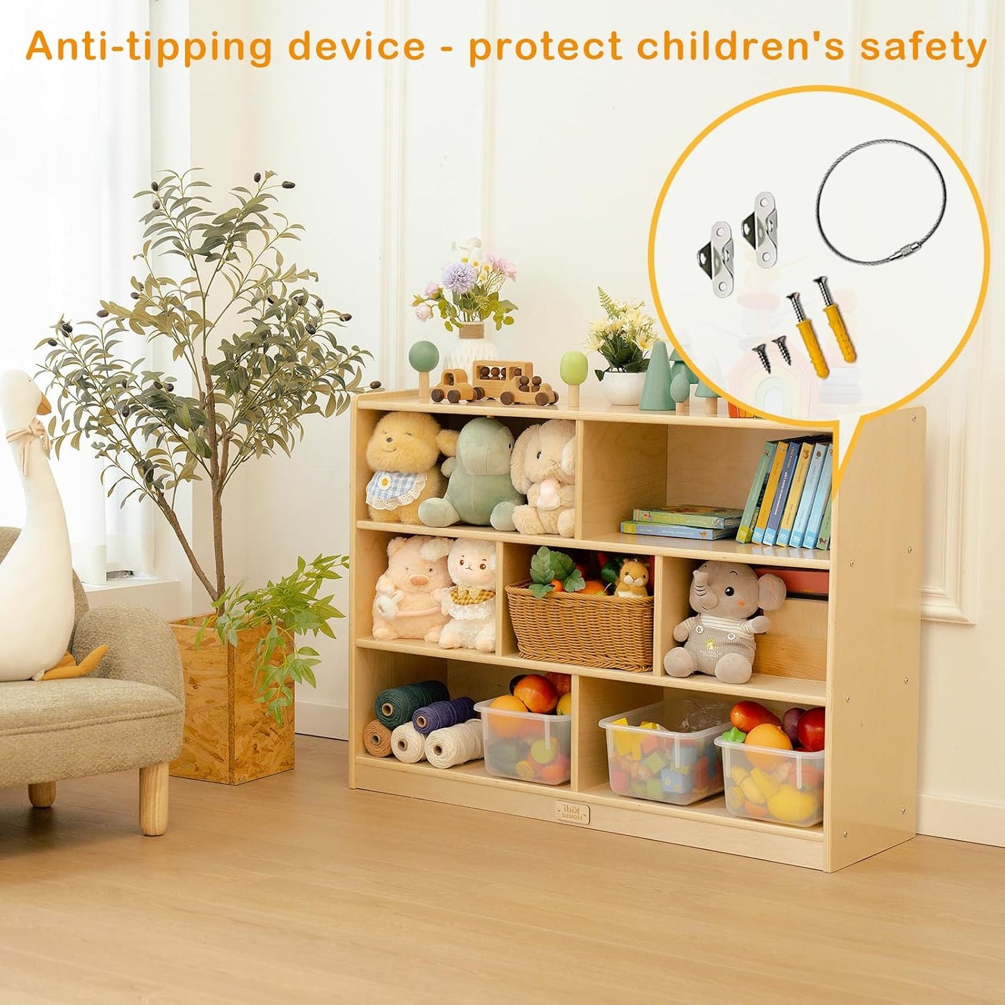 Kids Bookshelf and Toy Storage Shelf, Wooden Montessori Bookshelf, 3-Tier Toy Shelves with 7 Cubby, Classroom Furniture, Birch Children Bookcase, Book Shelf for Kids Room, Nursery, Playroom