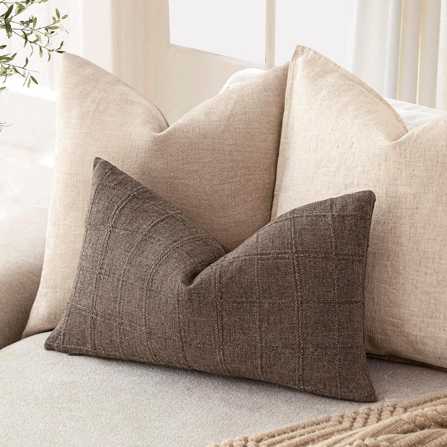 Foindtower Set of 2 Decorative Linen Check Throw Pillow Covers Neutral Farmhouse Lumbar Cushion Covers Modern Boho Home Decor for Sofa Chair Couch Bedroom Living Room Outdoor,12×20 Inch,Dark Brown