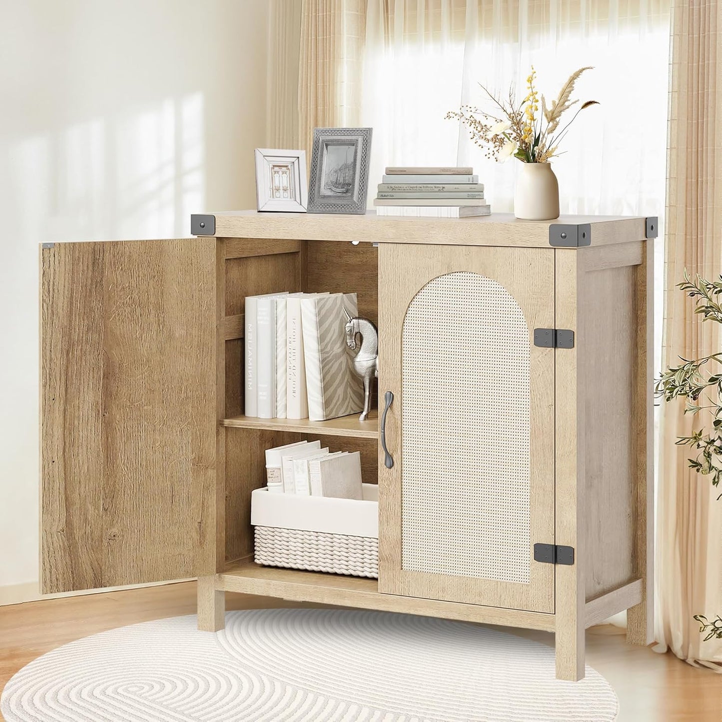 IDEALHOUSE Rattan Buffet Cabinet with Storage, Sideboard with Synthetic Rattan-Accent Doors, Adjustable Shelves, Storage Cabinet for Living Room Dining Room Hallway, Natural