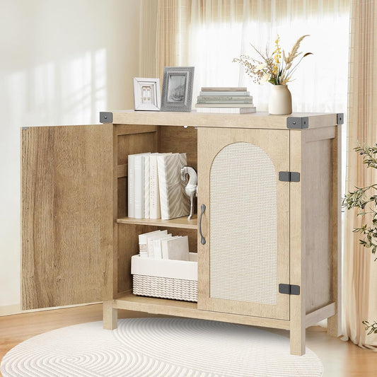 IDEALHOUSE Rattan Buffet Cabinet with Storage, Sideboard with Synthetic Rattan-Accent Doors, Adjustable Shelves, Storage Cabinet for Living Room Dining Room Hallway, Natural