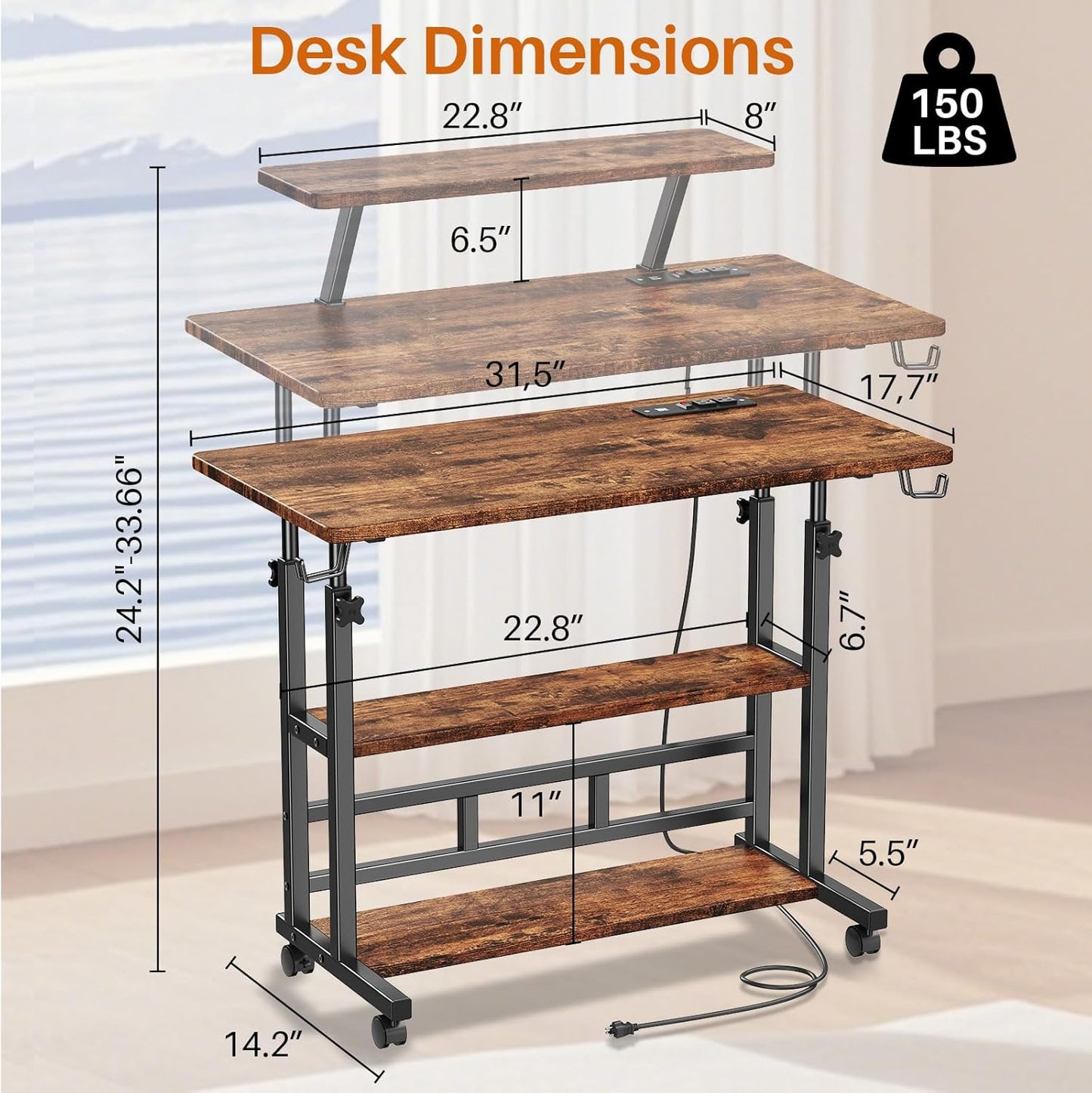 Adjustable Height Standing Desk with Power Outlets, Rolling Stand Up Desk with Monitor Stand and Storage Shelves, 31.5" Small Mobile Computer Desk, Portable Laptop Table (Retro Brown)