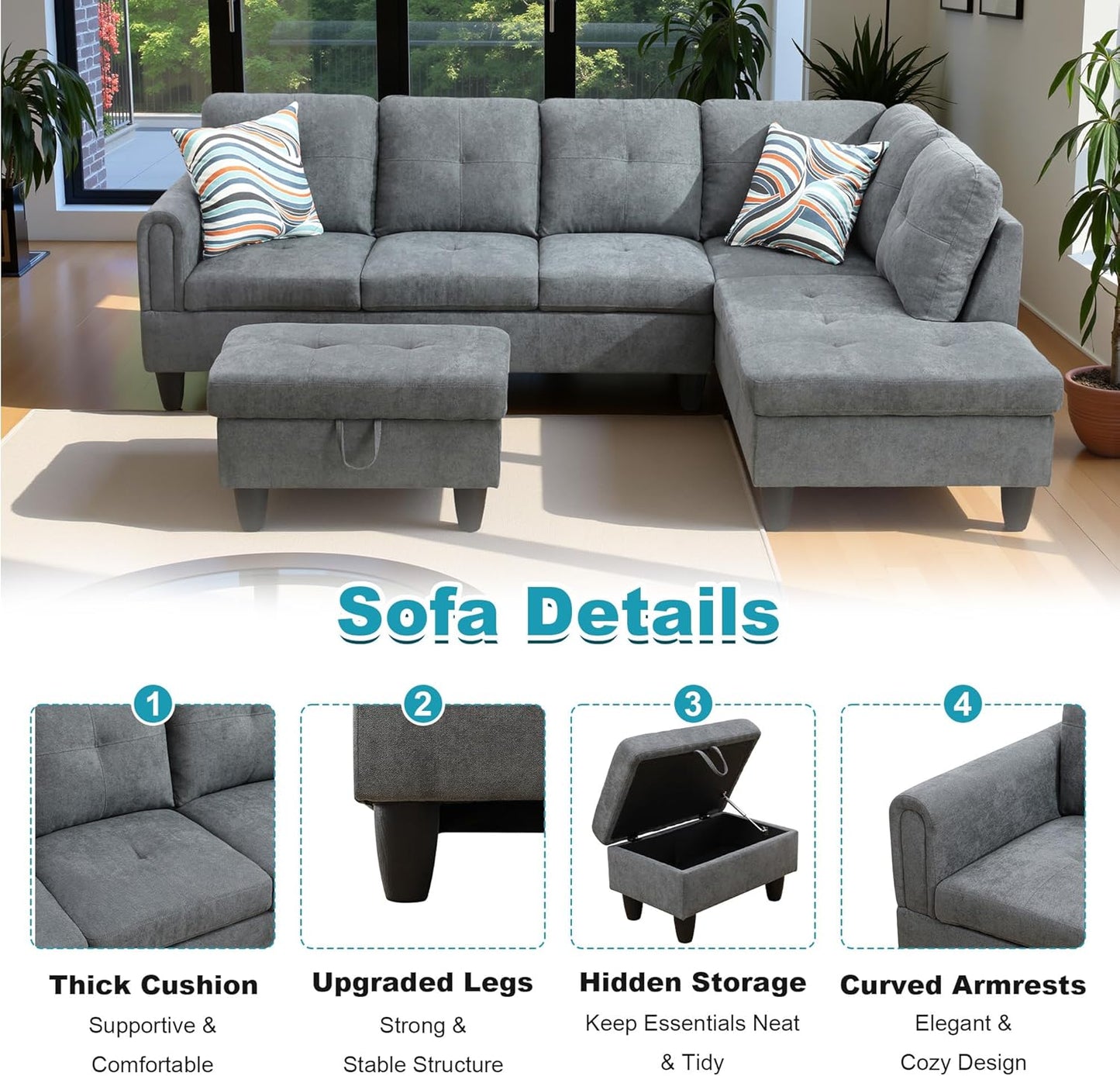 97" Oversized Sectional Couch, L Shaped Couch with Storage Ottoman, Modern Modular Sofa with Deep Seat, Sectional Couches for Living Room and Office, Dark Grey (Fluffy Fabric)