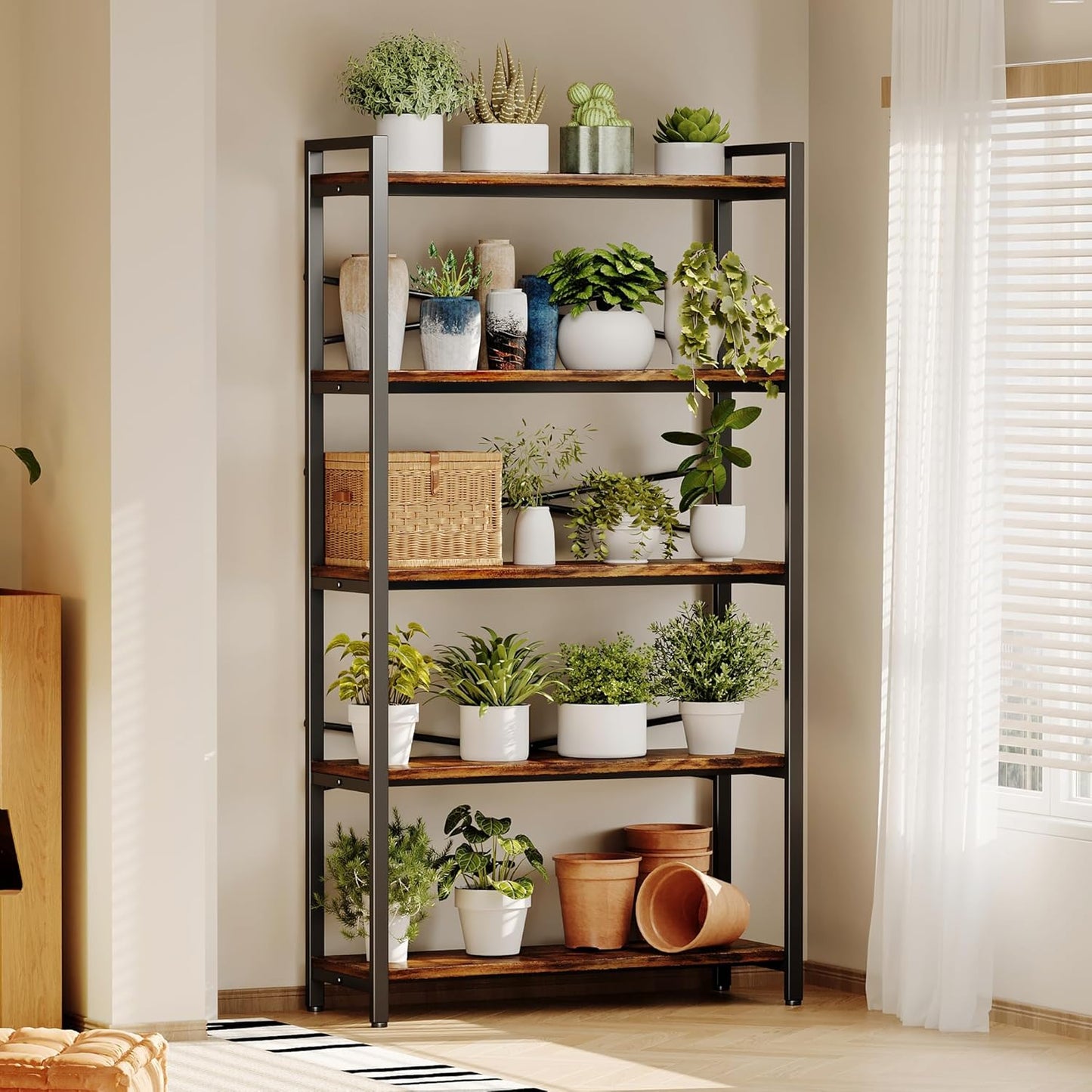 5 Tier Bookshelf 31.49" Width, Tall Book Shelf Storage and Organization, Wooden and Metal Industrial Bookcase, Large Book Shelves for Home Living Room Bedroom Office Storage(Vintage)