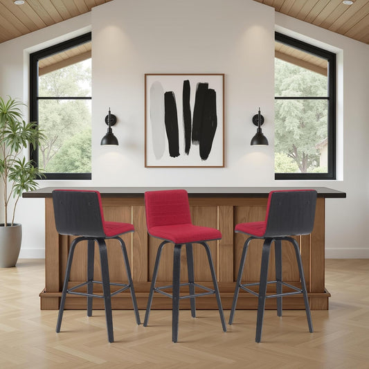 Armen Living Vienna Modern Swivel 30" Bar Height Barstool with Red Fabric Upholstered Seat and Black Wood Finish