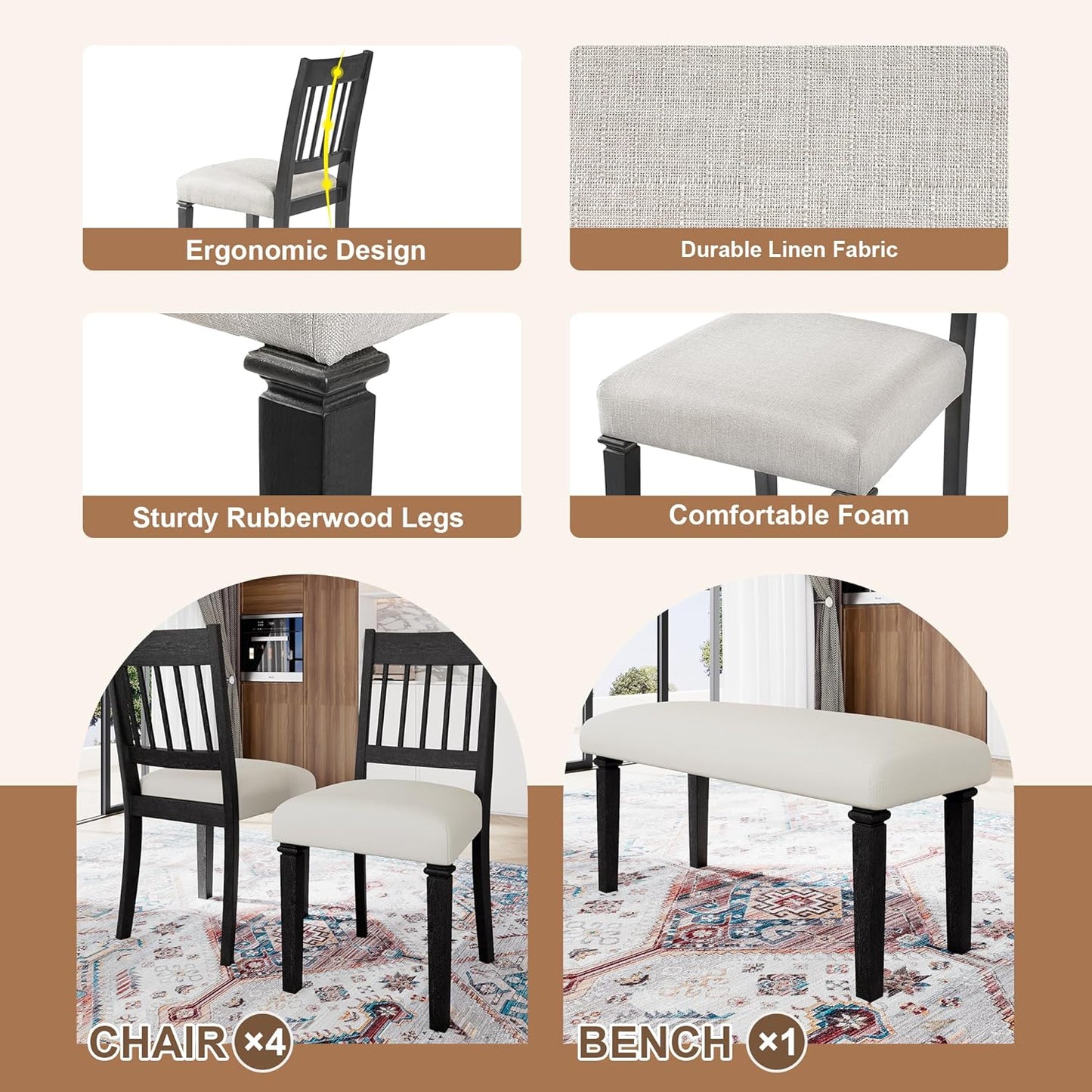 Merax 6-Piece Retro Dining Table Set, 6 Seats Wooden Rectangular Table, with 4 Chairs & 1 Bench for Kitchen Room, Classic Furniture, Dovetall Grey