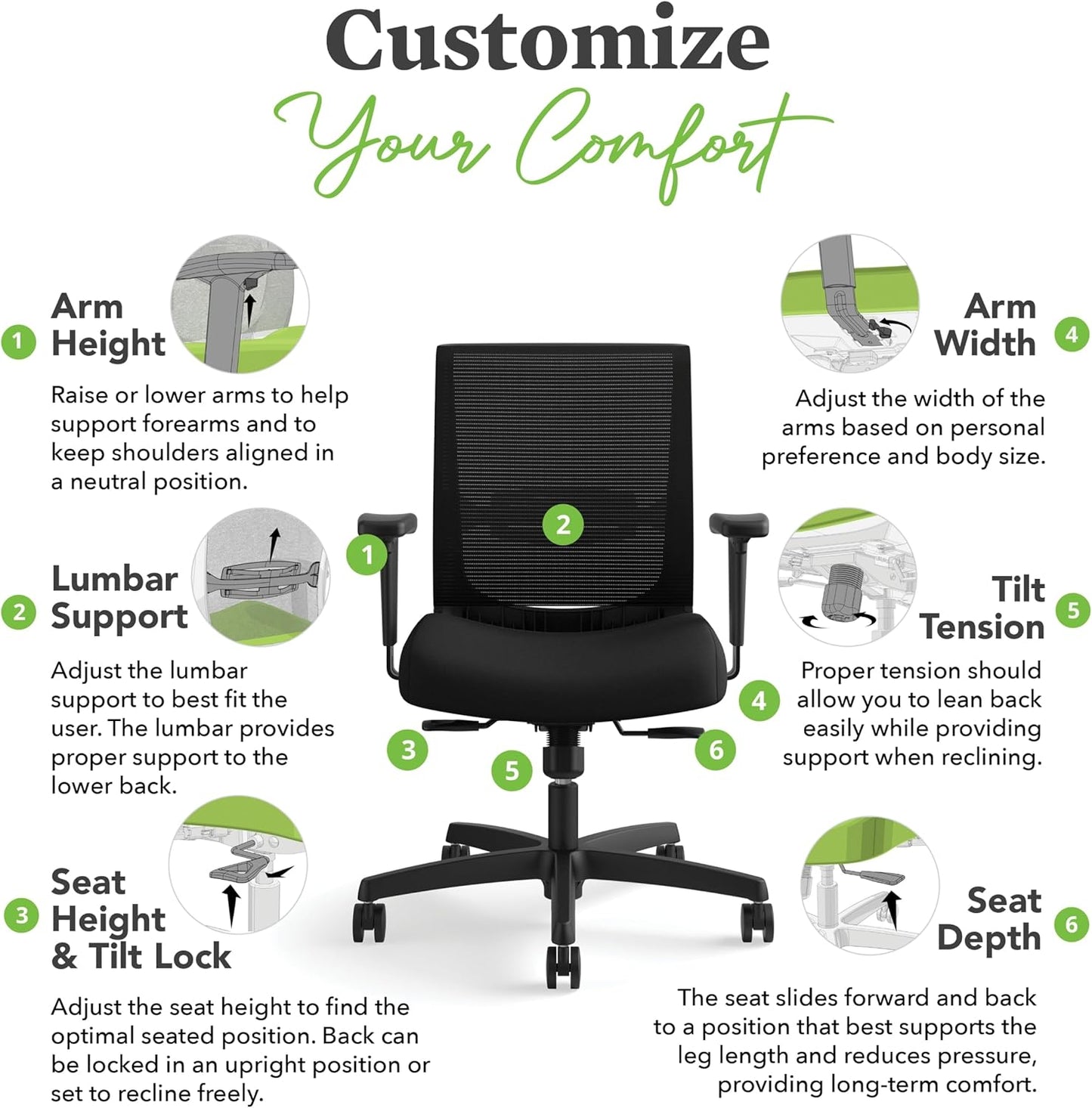 HON Convergence Ergonomic Office Chair, Breathable Back Support Mesh, Adjustable Arms, Computer Chair with Lumbar Support, Rolling Swivel Wheels, Comfortable Synchro-Tilt Recline, Fabric, Frost