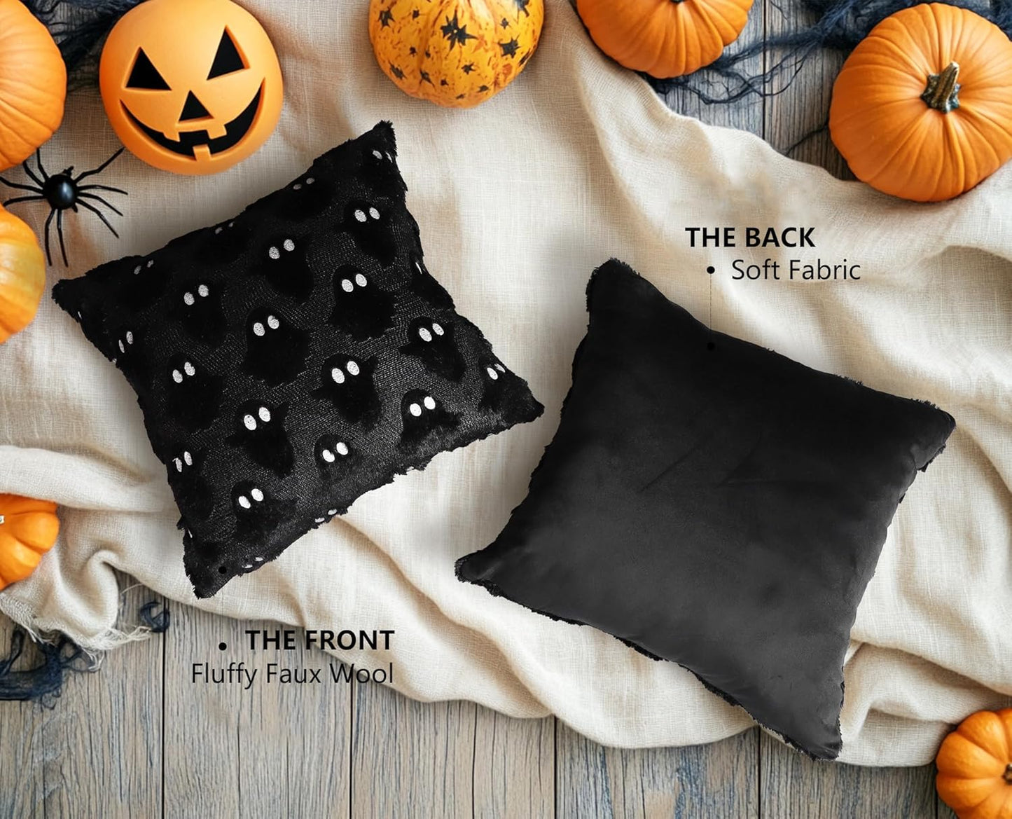 4TH Emotion Halloween Ghost Decorative Pillow Covers 20x20 Set of 2, Black Soft Plush Faux Fur Farmhouse Throw Cushion Cases for Fall Autumn Holiday Home Decorations