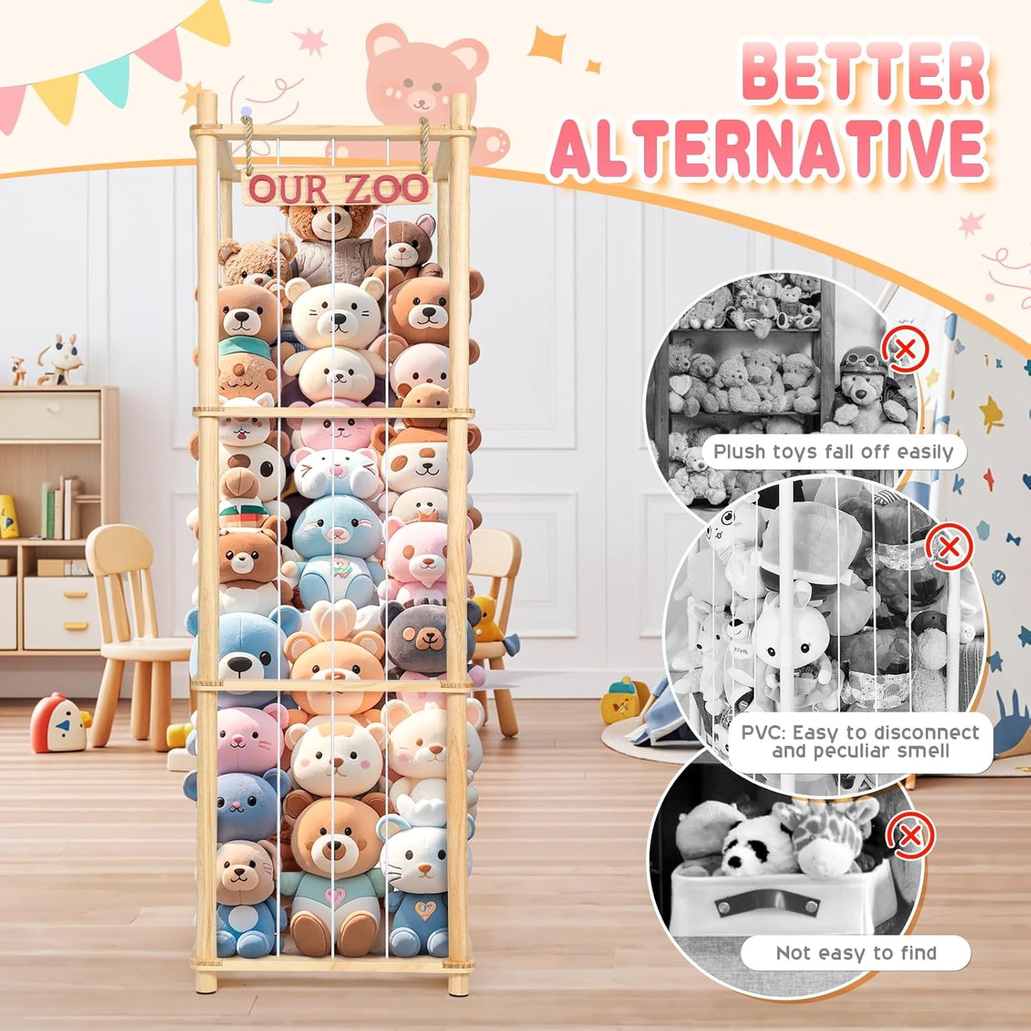 Stuffed Animal Storage - Tall Natural Pine Wood Toy Organizer with Elastic Cords & Shelf, Space-Saving Plushie Playhouse for Nursery, Playroom, Kids Bedroom - Easy Assembly