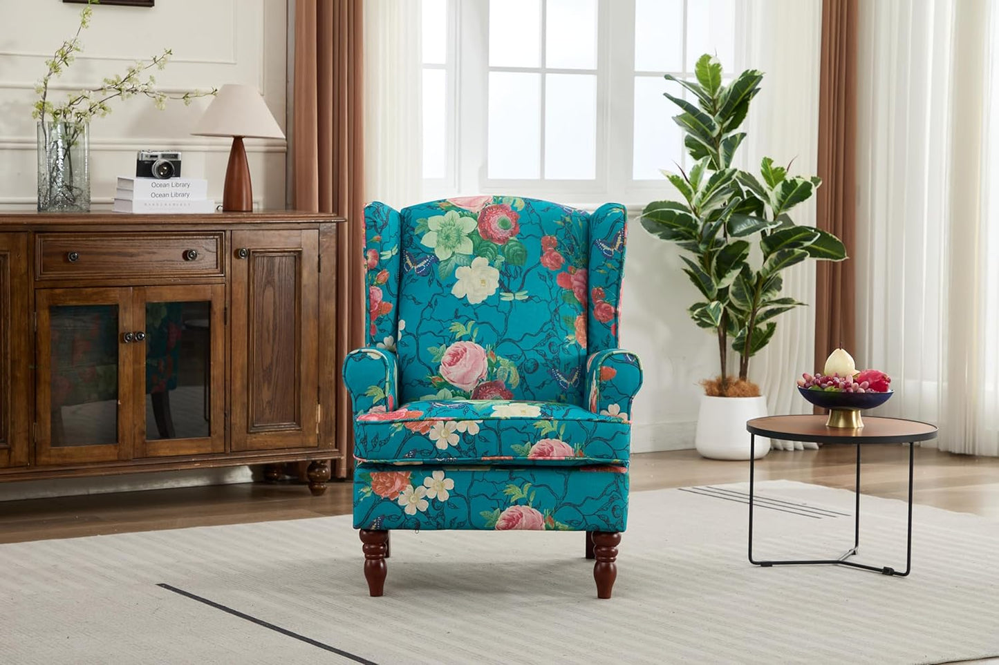 Ball & Cast Modern Accent Chair,Comfy Upholstered Armchair with Retro Wood Legs,Floral Design Single Sofa Chair,Living Room Furniture for Apartment,Bedroom,Office,Linen Fabric,Floral Cyan