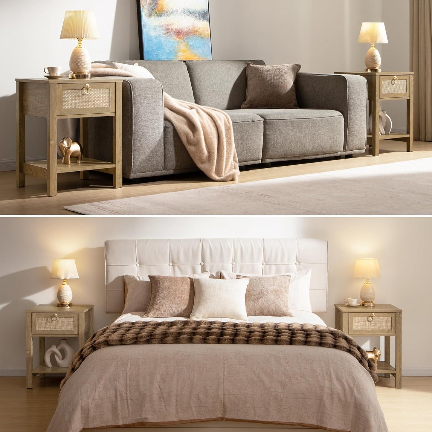 SICOTAS Rattan Nightstand Set of 2, Rattan Decor Drawer with Brass Knobs Night Stand Bedside Table Boho End Tables Side Tables with Storage Shelf for Bedroom,Small Space