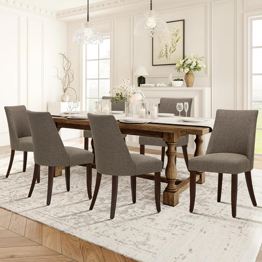 COLAMY Upholstered Dining Chairs Set of 6, Mid Century Modern Kitchen Chairs with Back, Farmhouse Fabric Side Dining Room Chairs with Wood Legs for Dining Room Restaurant, Brown