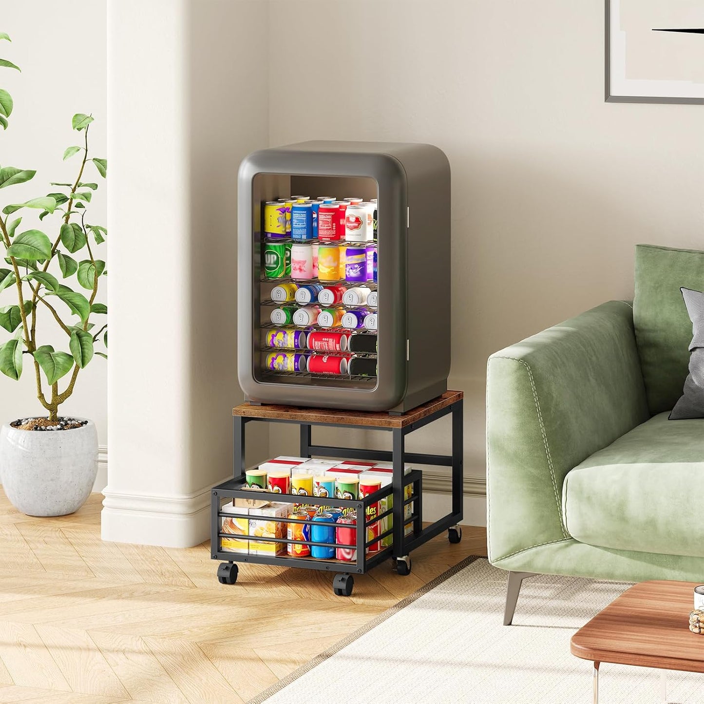 HOOBRO Mini Fridge Stand with Movable Storage Basket, Mini Fridge Cabinet with Wheels and Adjustable Feet, Sturdy Metal Frame, for Home, Apartment,Office, Dorm, Rustic Brown and Black BF155TL01