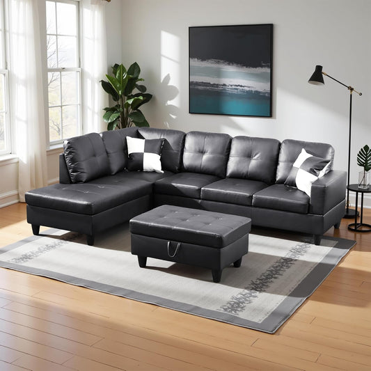 L Shaped Couch Faux Leather Sectional Couch Upholstered 3 Pieces Sofas for Living Room with Chaise, Storage Ottoman for Office and Small Apartment, Black