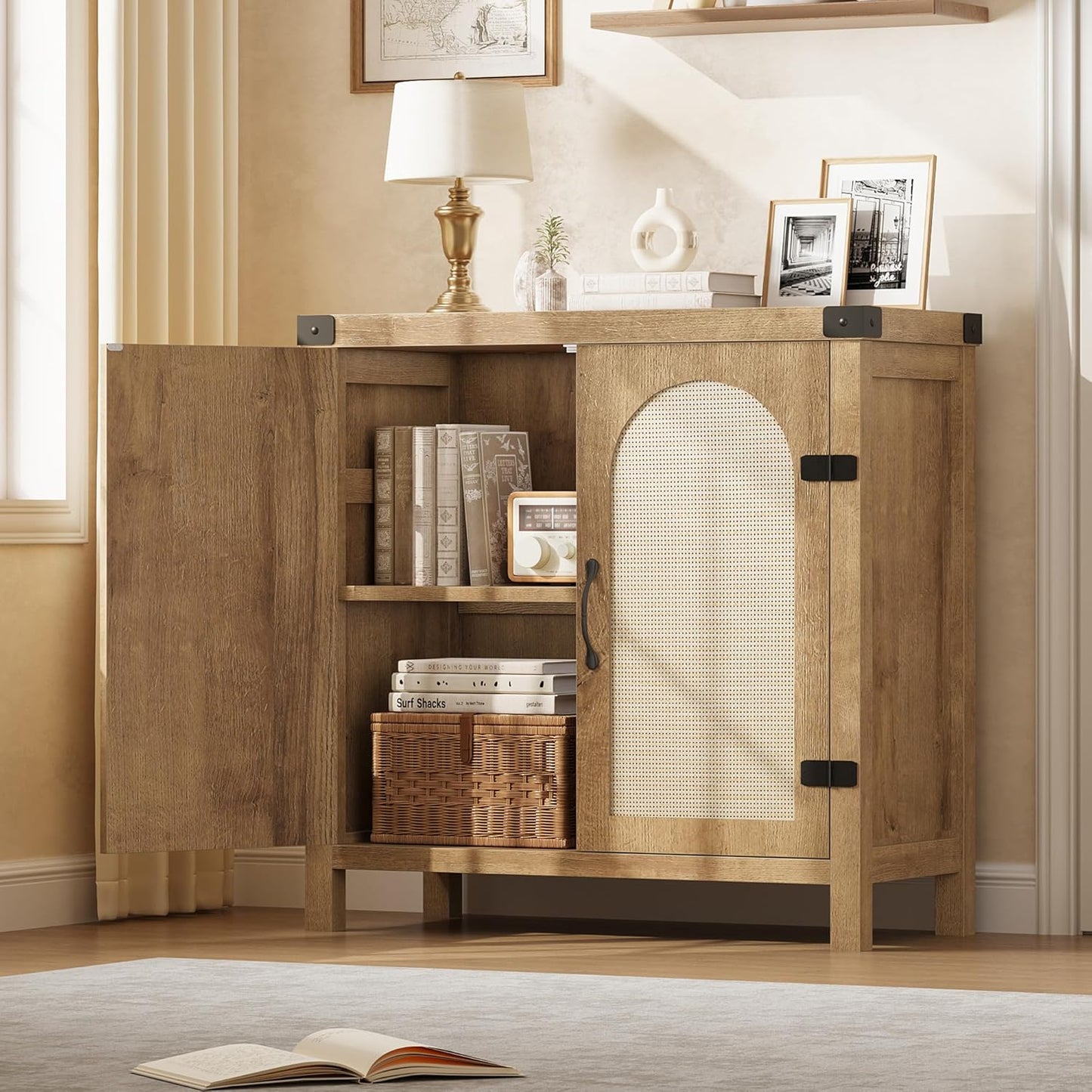 Garvee 31.5'' Small Rattan Buffet Cabinet with Storage, Kitchen Coffee Bar Cabinet with Doors, Boho Farmhouse Sideboard with Adjustable Shelves and Handle for Kitchen, Living Room, Natural