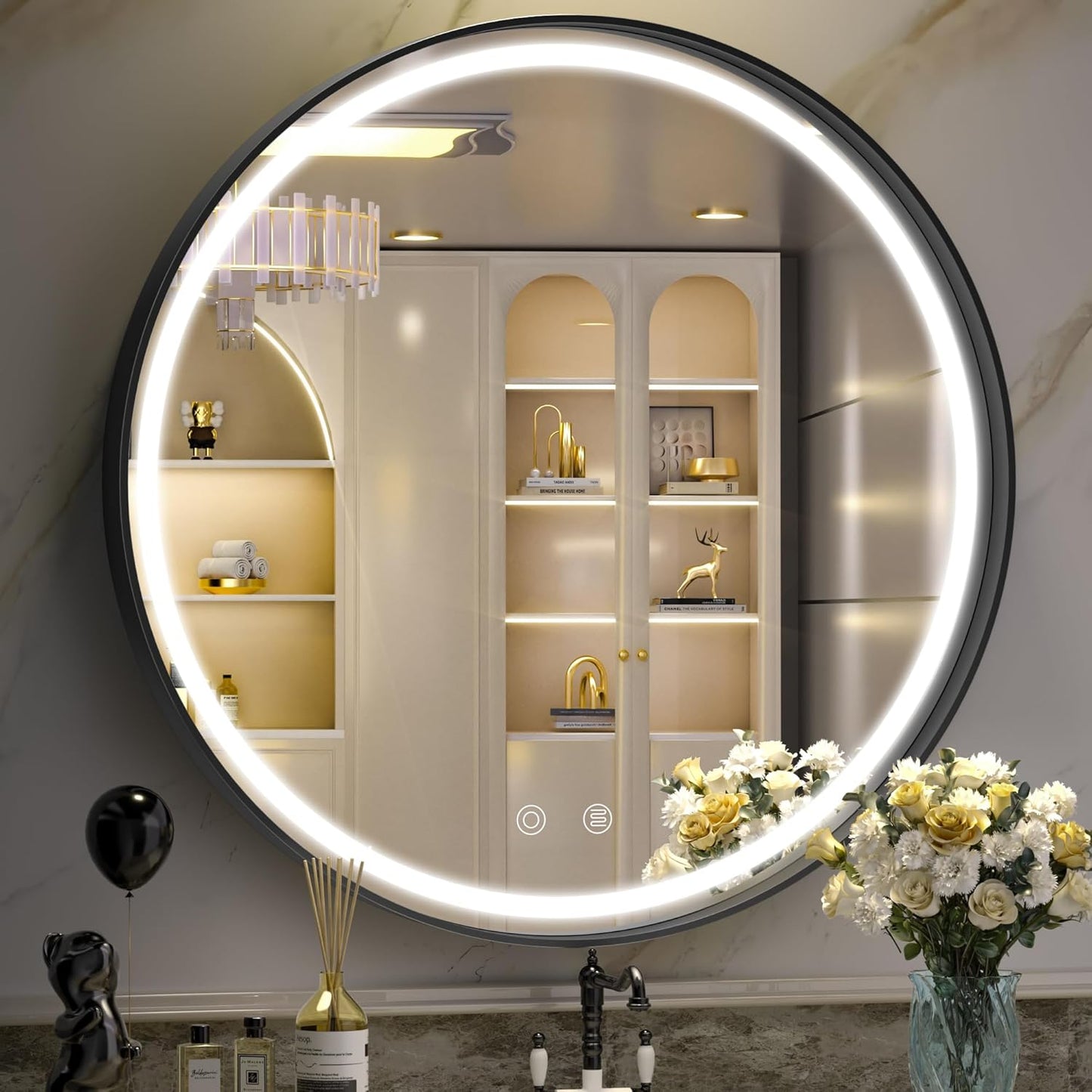 Hasipu 28 Inch Round LED Mirror for Bathroom with Lights, Black Circle Vanity Mirror for Wall, Metal Framed Frontlit Bathroom Mirrors Anti-Fog, Dimmable, 3 Colors Makeup Mirror Wall Mounted