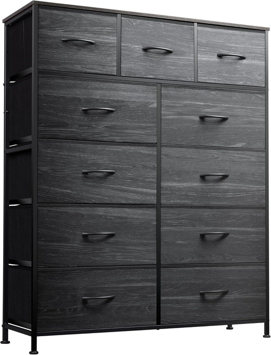 WLIVE Storage Organizer Unit with 11 Fabric Bins, Storage Drawers Organizer with Steel Frame, Tall Storage Tower Organizaton for Living Room, Hallway, Office, Charcoal Black Wood Grain Print
