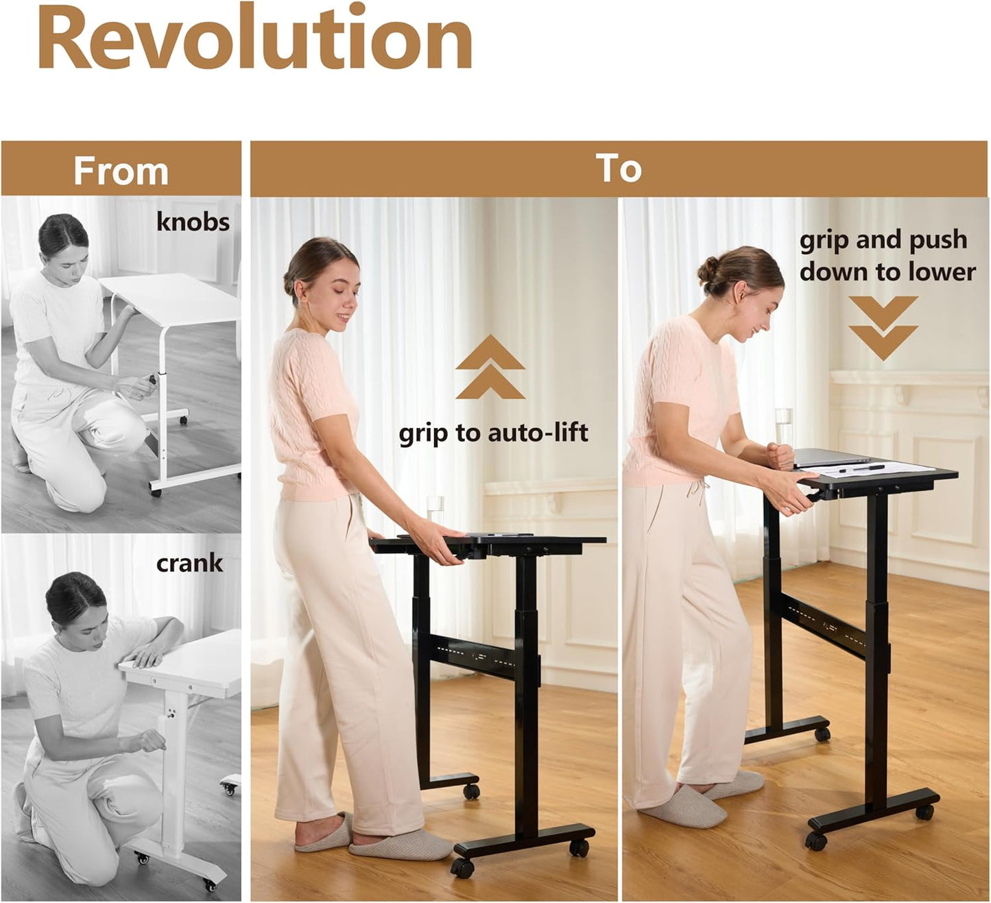 Non-Electric Auto-Lifting Standing Desk, No Knobs or Crank, Cordless, Rolling and Mobile, Great for Walking Pad, Adjustable Height 28.1'' to 43.3'', Desktop Size 31.5'' by 15.7'', Color Black
